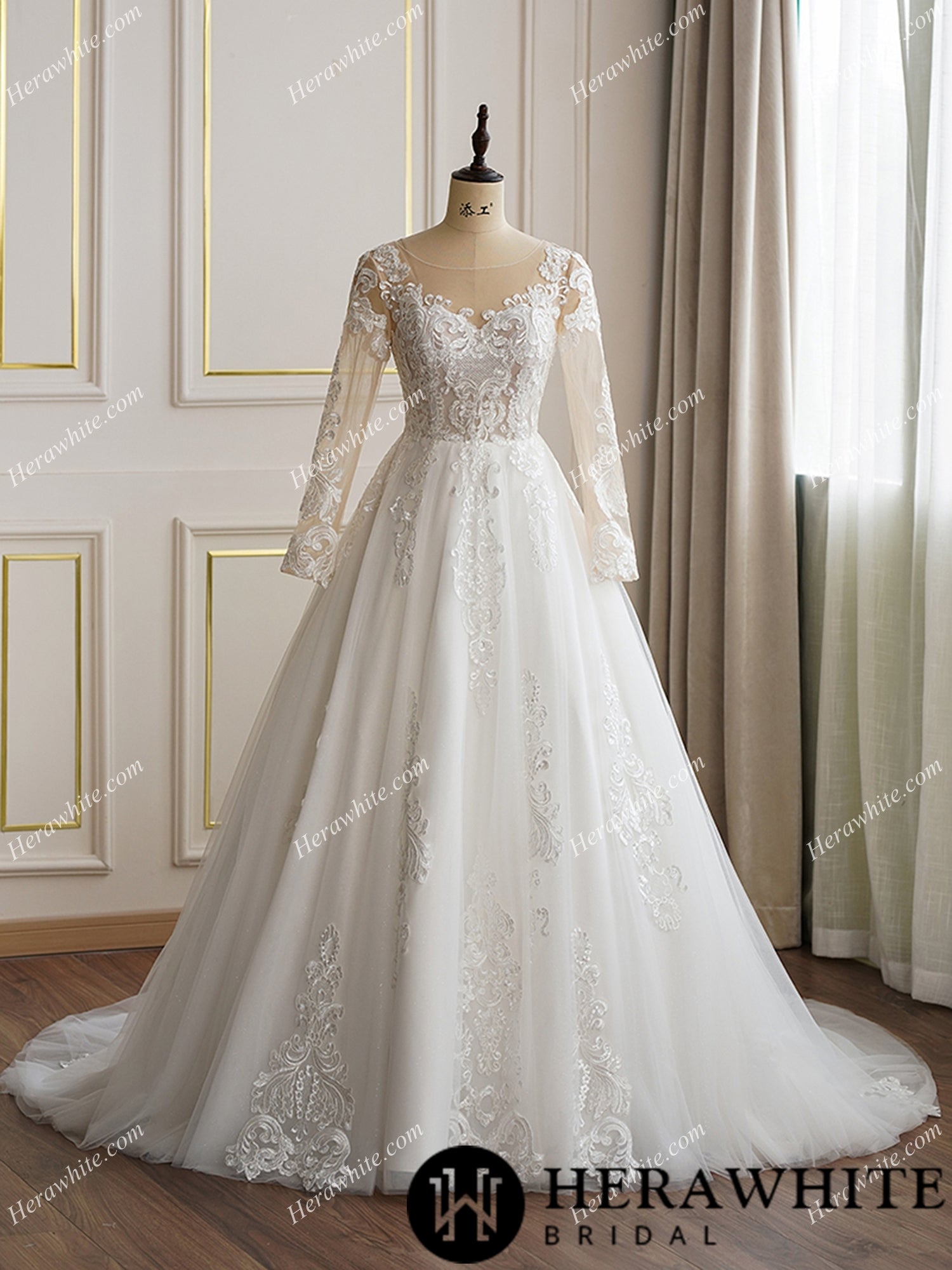 Illusion Neckline Long Sleeve Lace with Pearl Buttons Bridal Gown