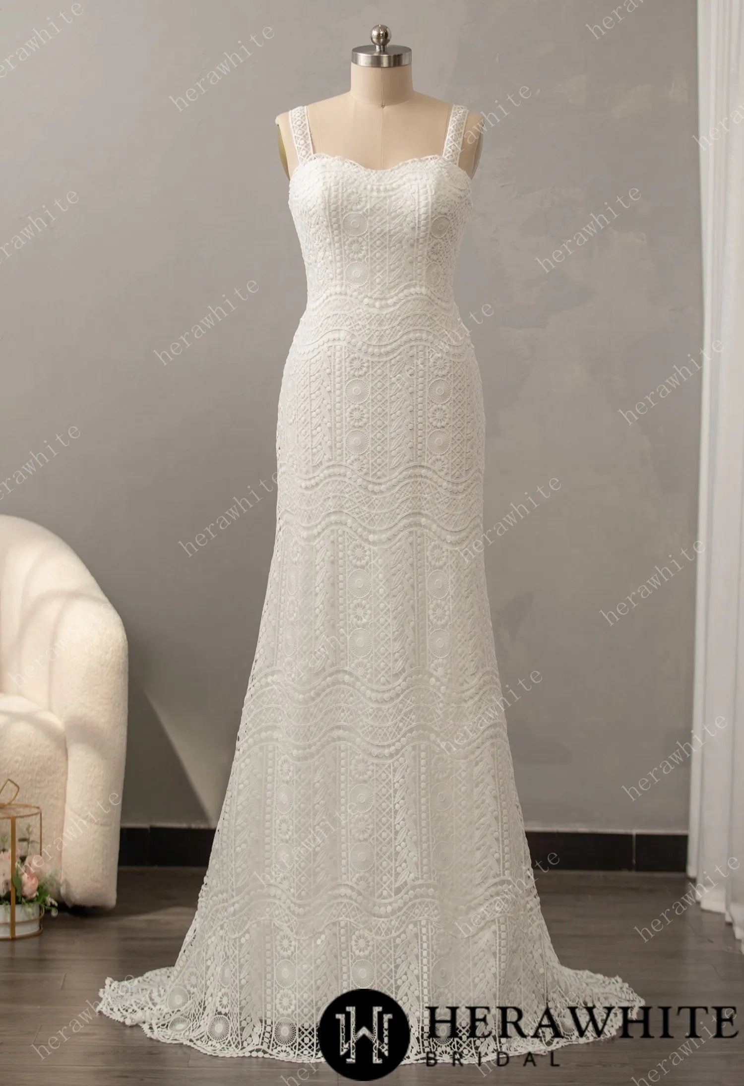 Romantic Boho Lace Sweetheart Neckline Sheath Bridal Dress