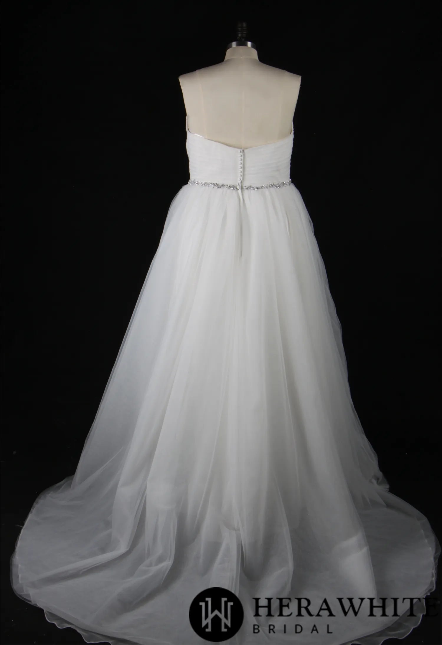 Deep V-Neck Pleated Bodice Tulle A-Line Wedding Dress