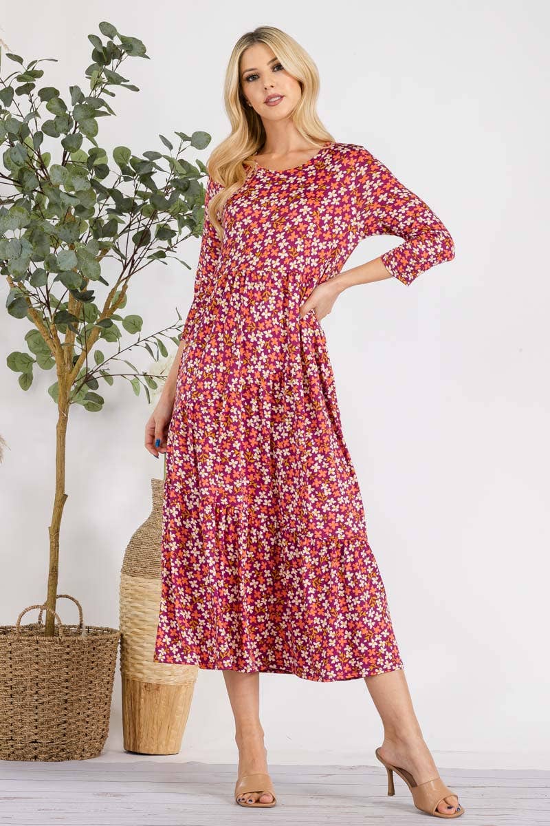 MAGENTA FLORAL TIERED MIDI-DRESS MISSY & PLUS SIZE -CD43848E