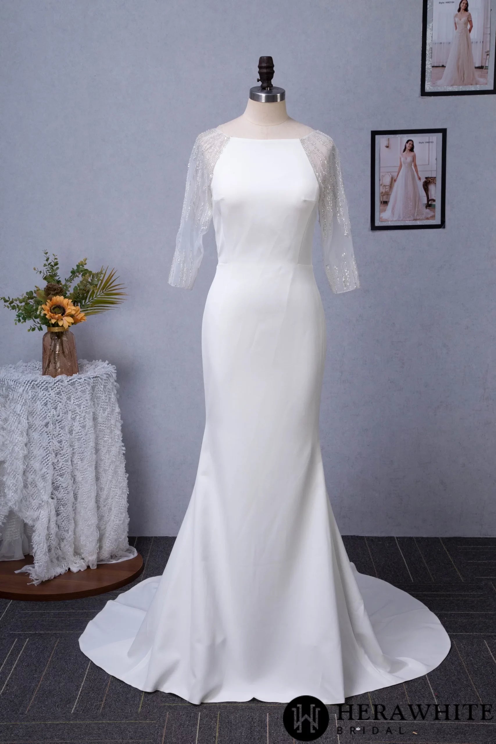 Bateau Neckline Long Train Crepe Bridal Gown With Beaded Illusion Back