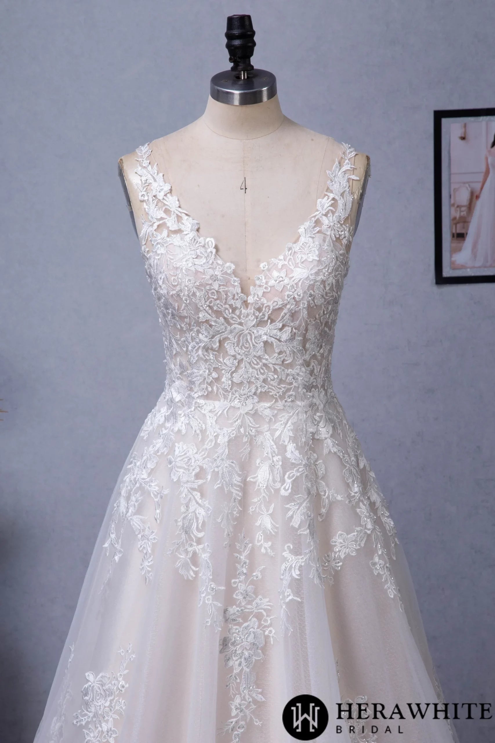 Illusion V-neckline A-Line Lace Straps Bridal Gown