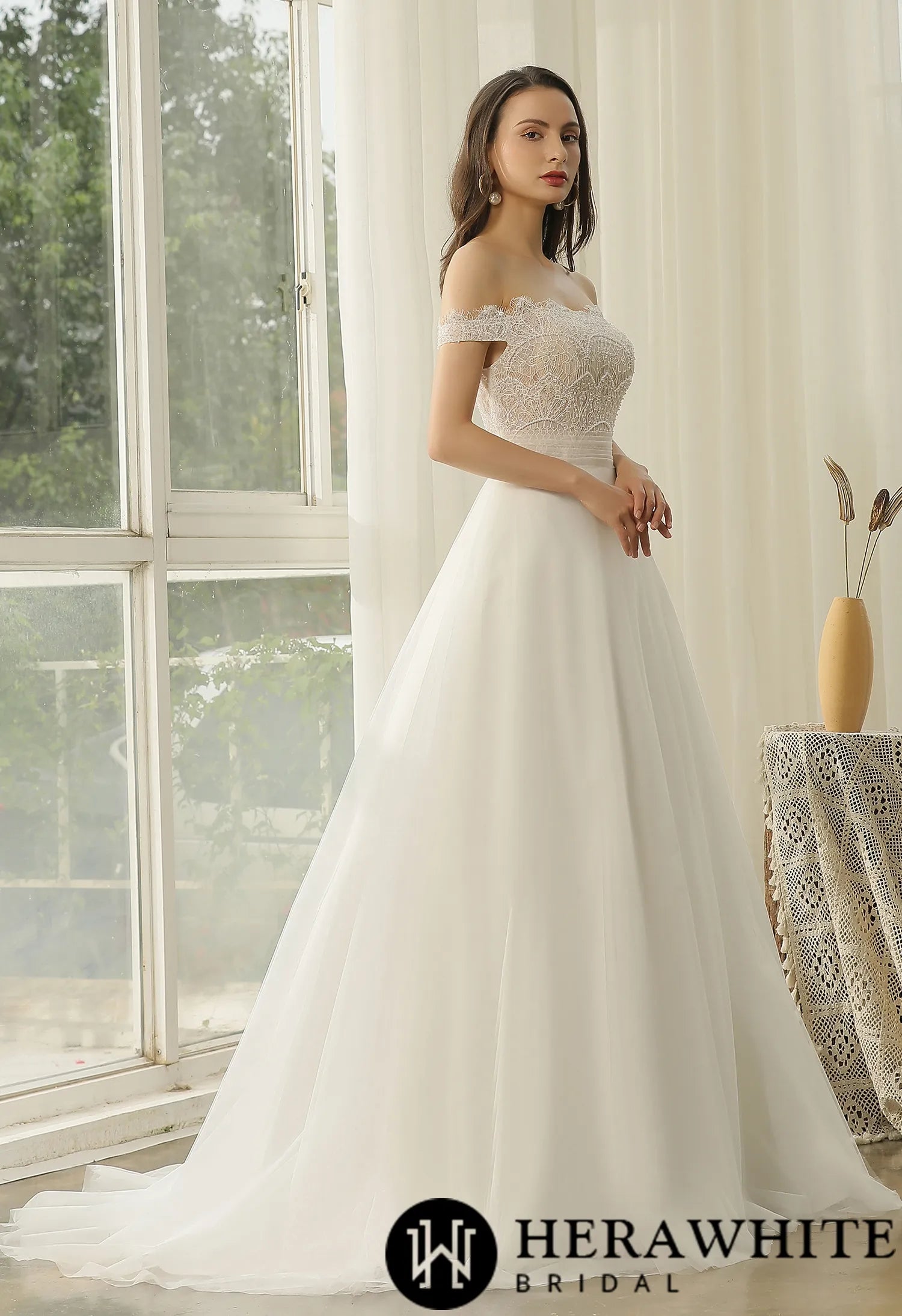 Off-The-Shoulder Beading Lace Pleating Wholesale Wedding Dress