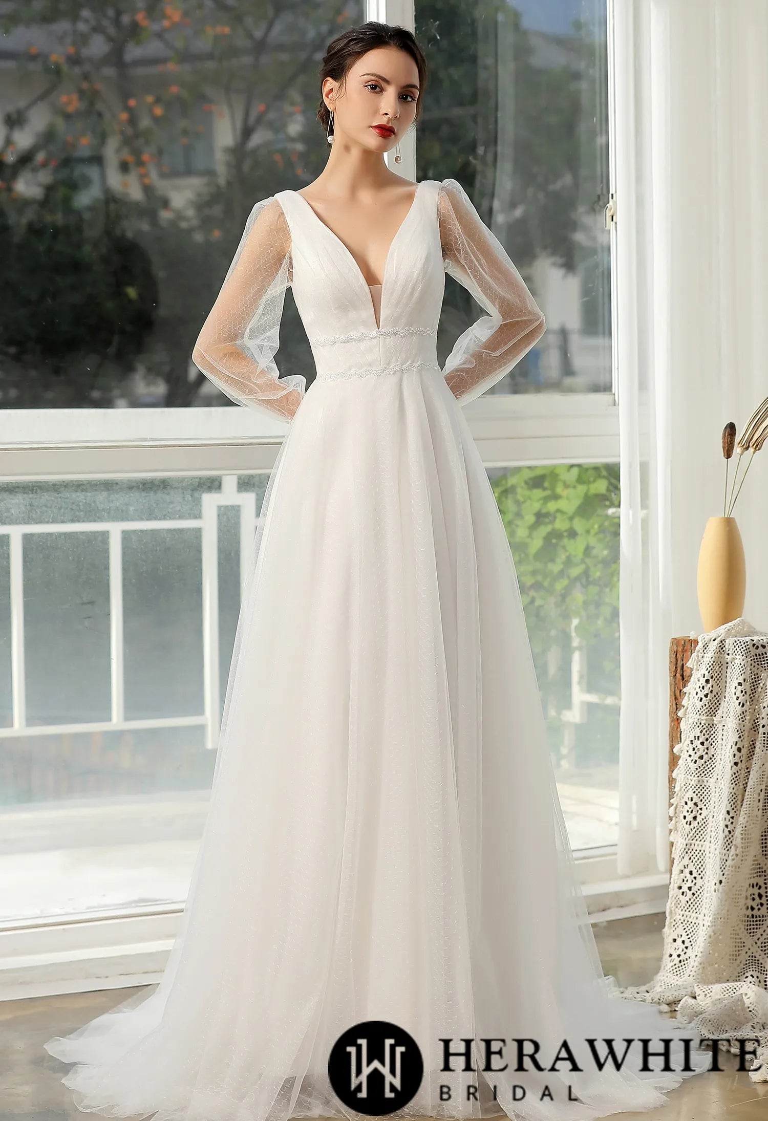 Bishop long Sleeve Ruched Illusion V-neckline Bridal Gown