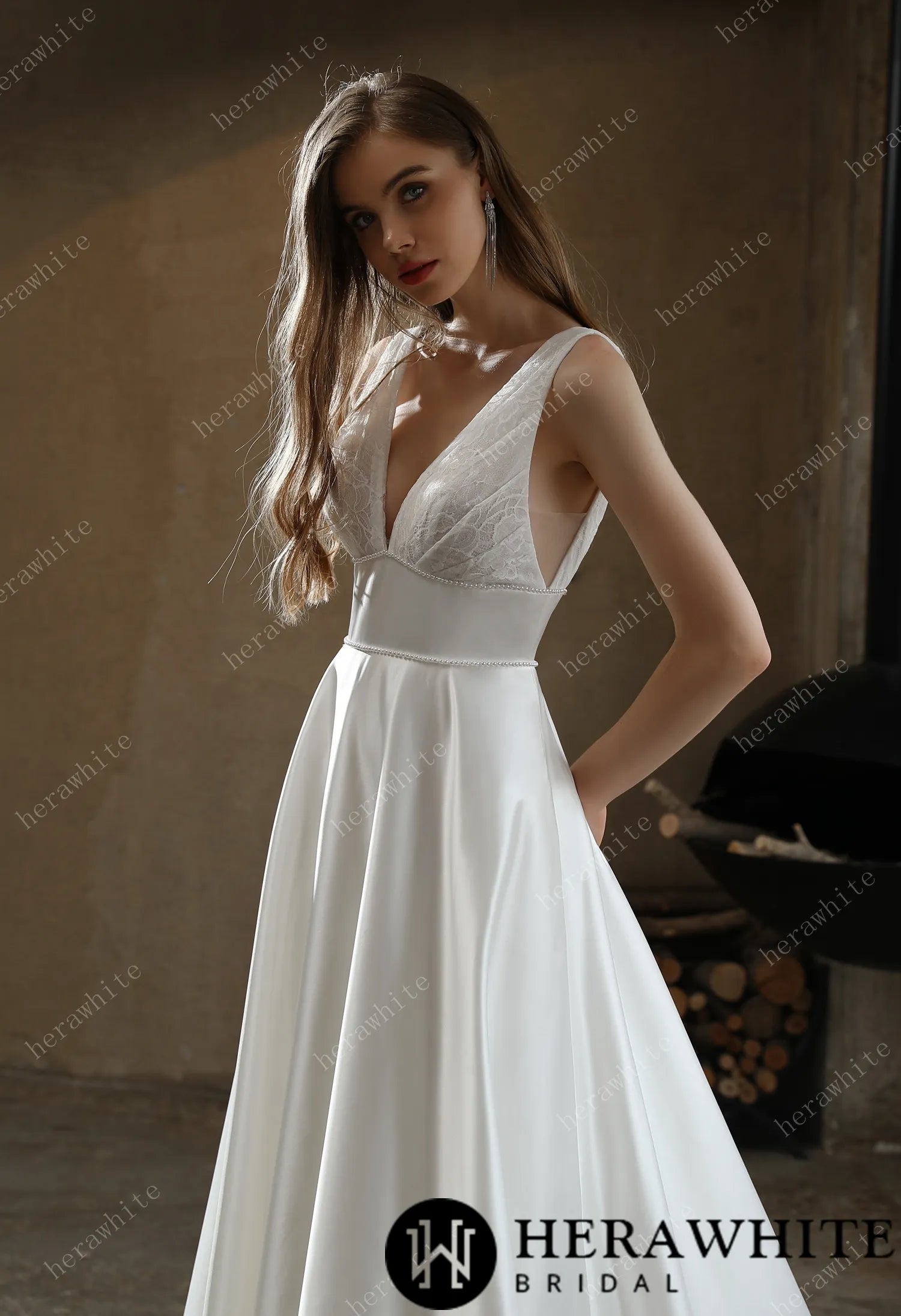 Timeless Satin V-neck Bridal Gown with Chapel Train