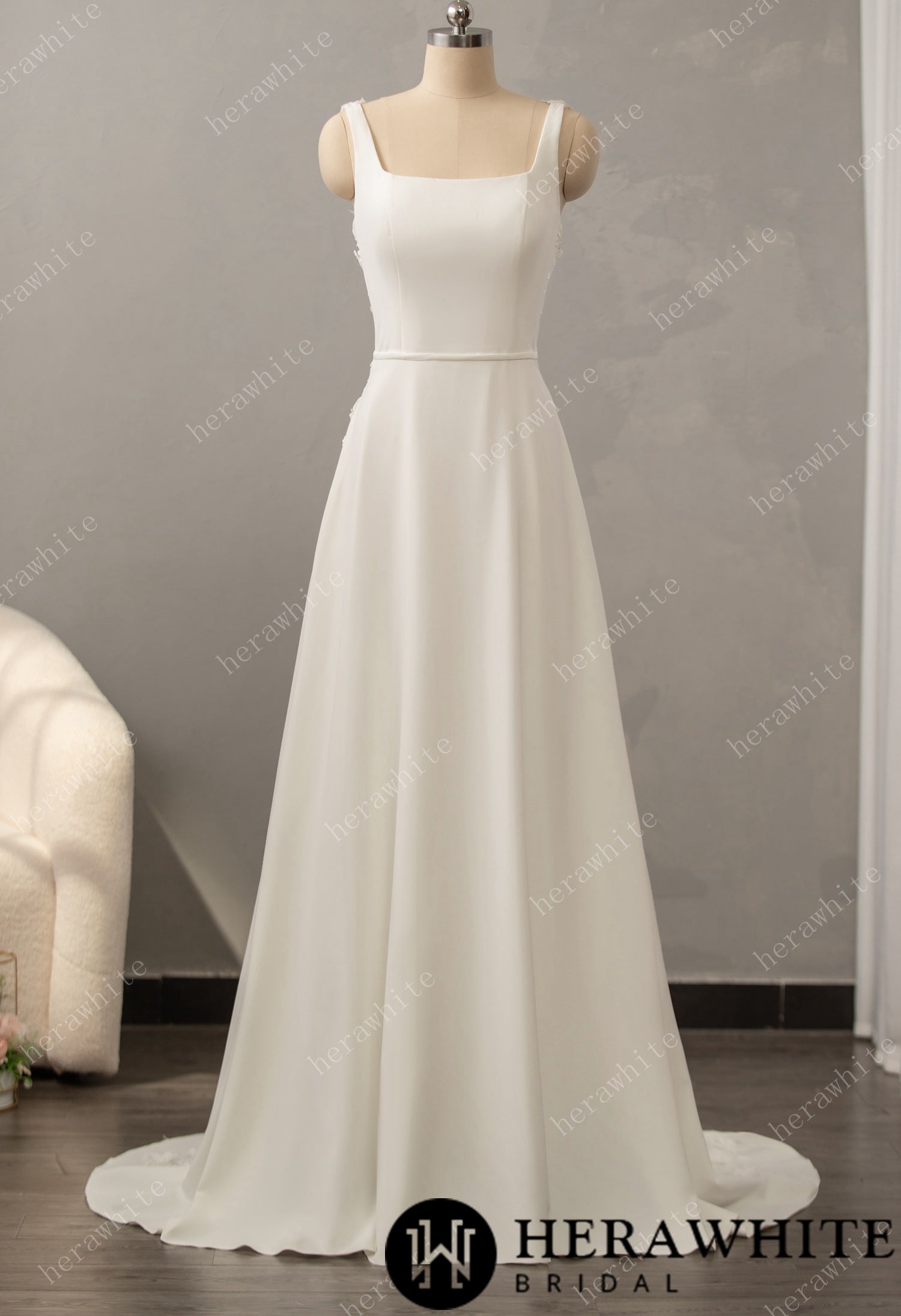 Square Neck Stretch Crepe A-line Gown with Illusion Back