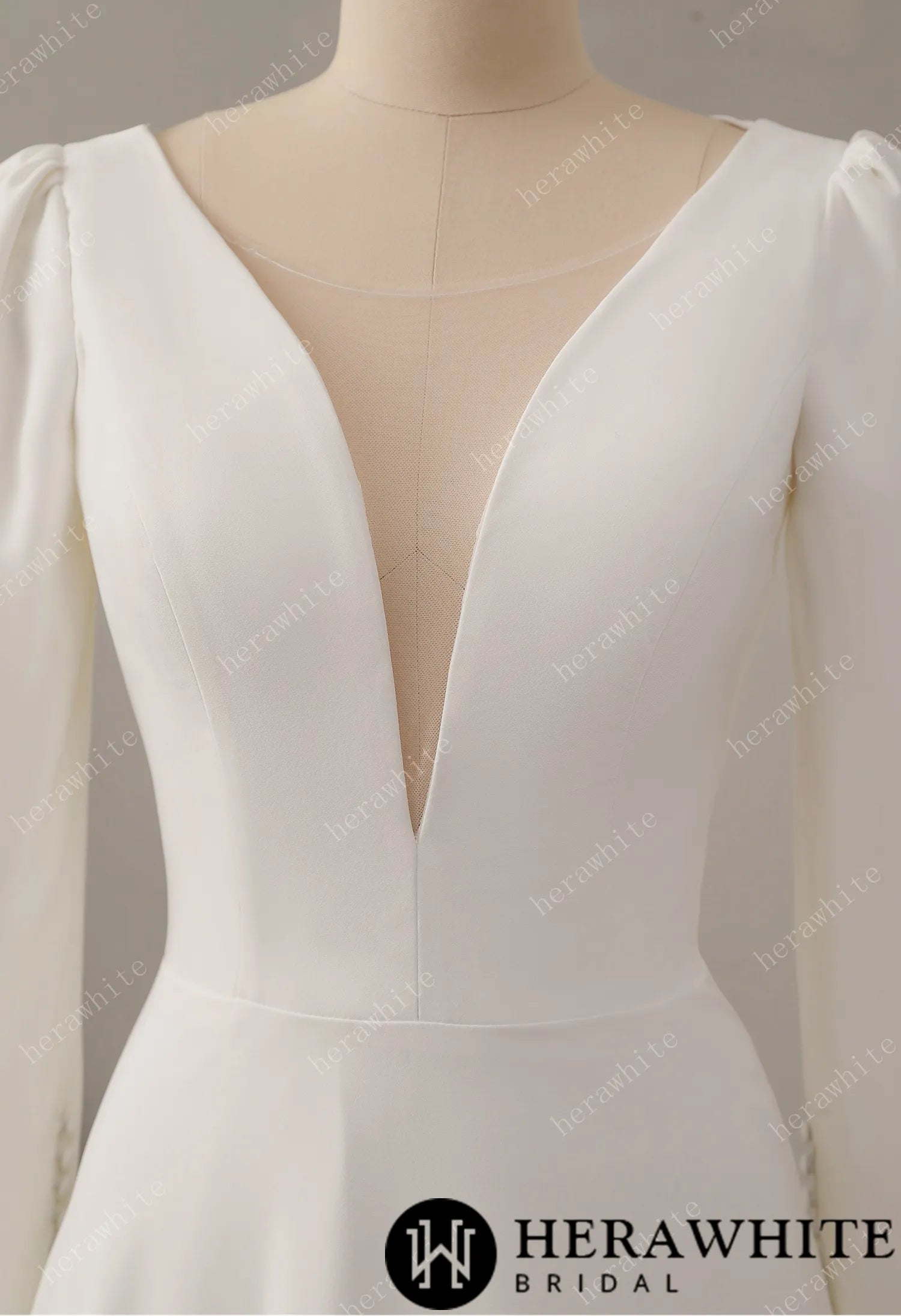 Crepe Plunging V-neckline Wedding Dress with Long Sleeve