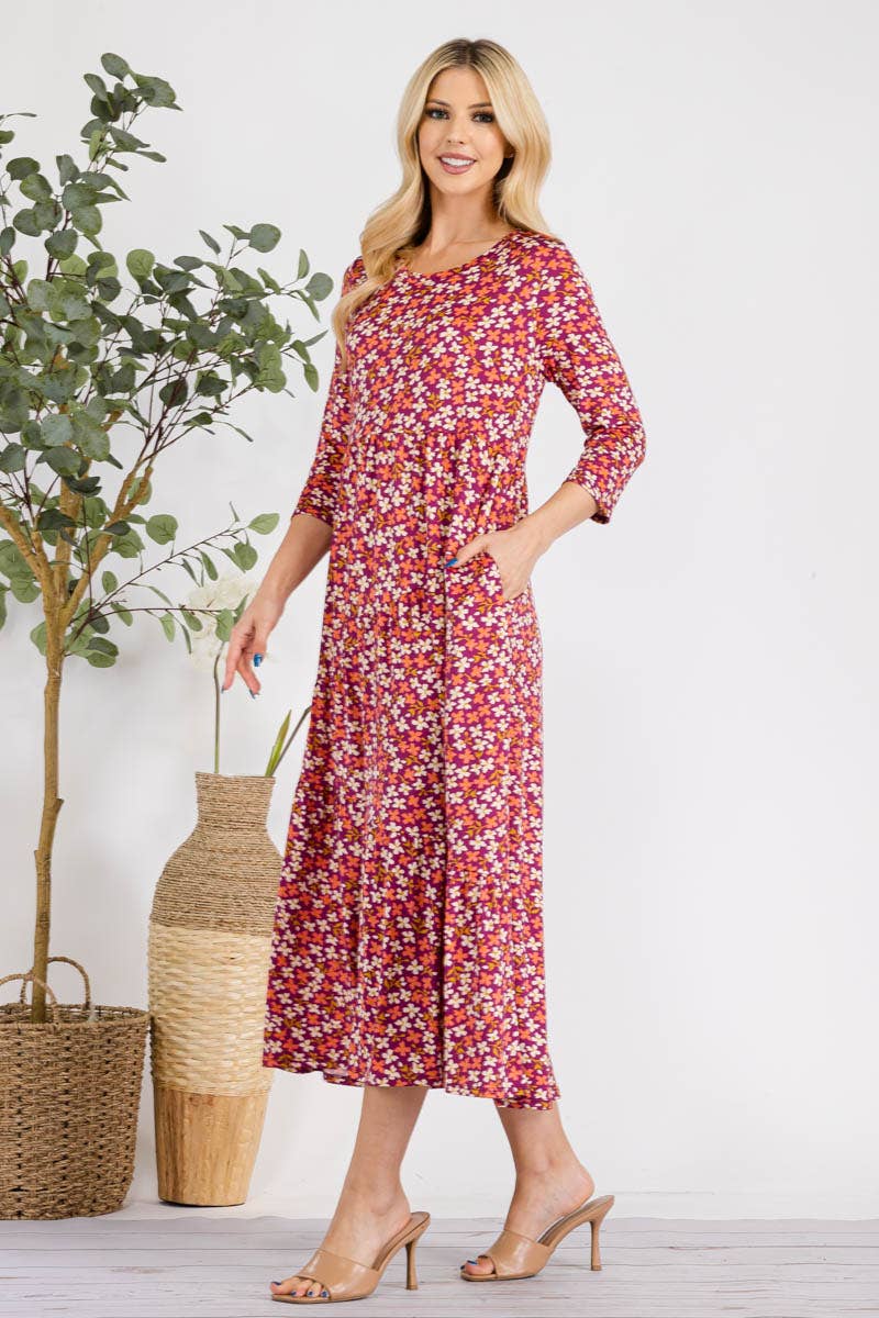 MAGENTA FLORAL TIERED MIDI-DRESS MISSY & PLUS SIZE -CD43848E