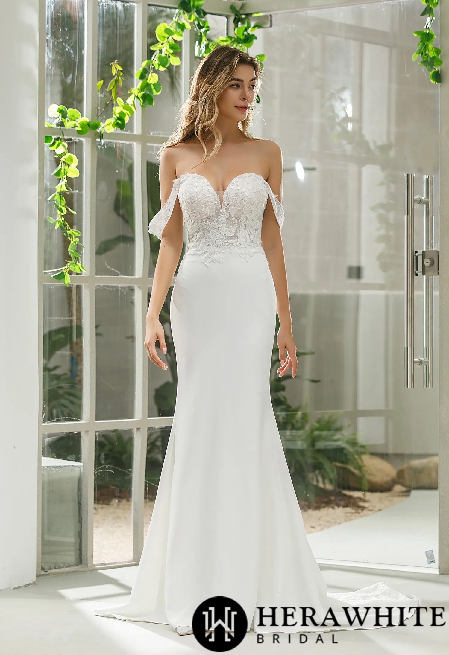 Fit And Flare Crepe Bridal Gown With Off-shoulder Straps