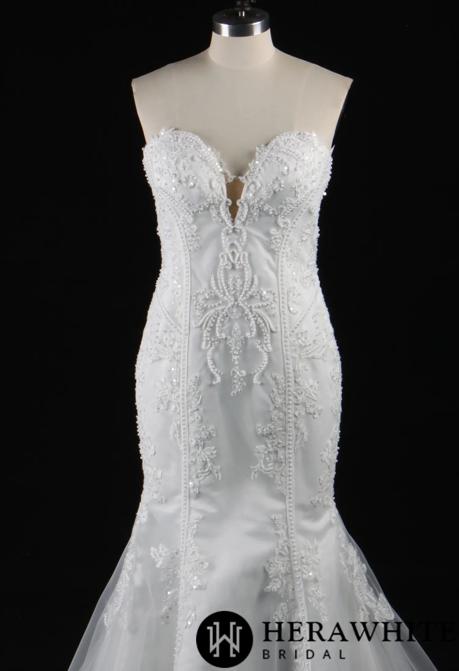 Strapless V-Neck Beaded Lace Mermaid Dress With Chaple Train