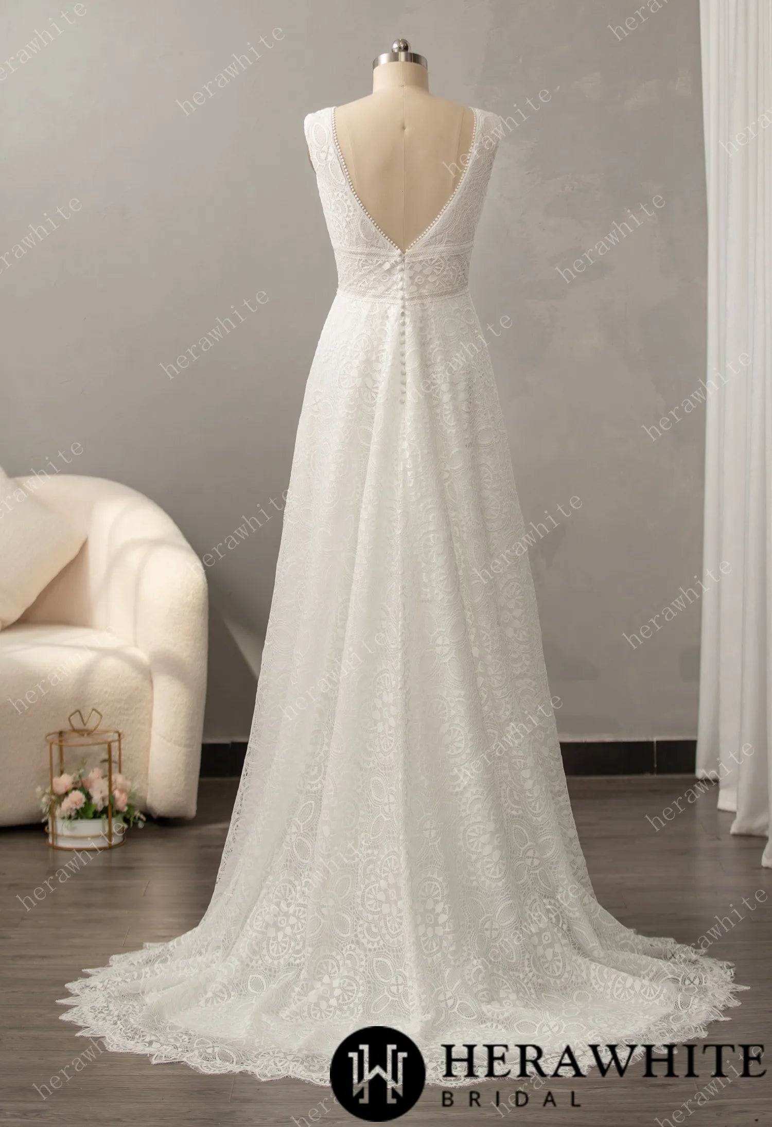 Boho Allover Lace A-Line Wedding Dress with V-Neckline