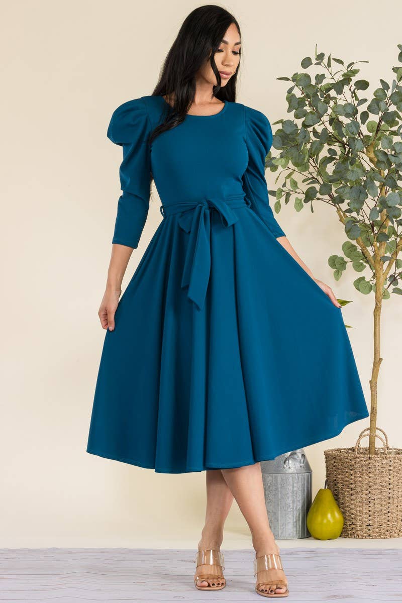 HH698R-LS-S- Puff 3/4 Sleeve Midi Cocktail Dress