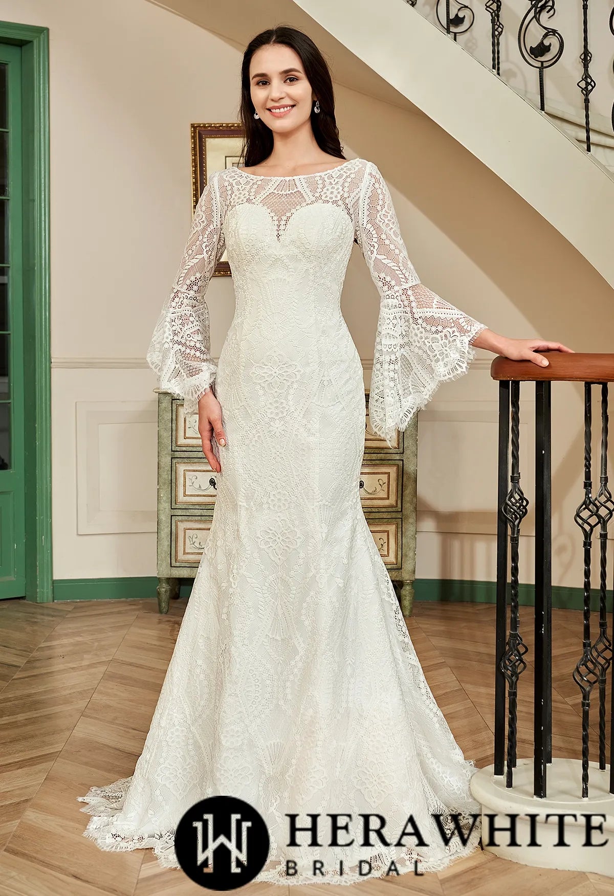 Illusion Neckline Lace Wedding Dress With Removeable Overskirt