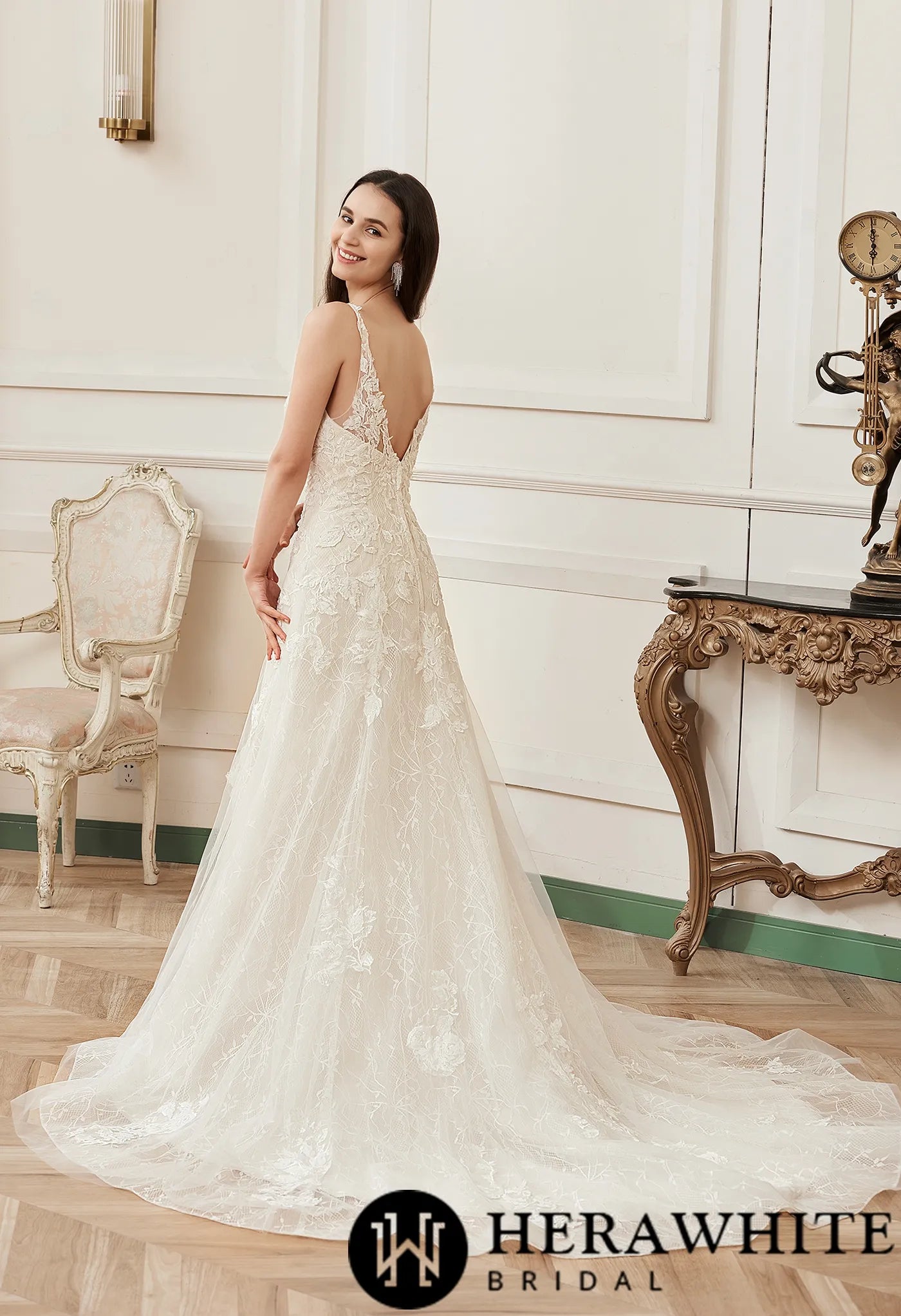 Romantic A-Line V-neck Floral Applique Court Train Bridal Gown