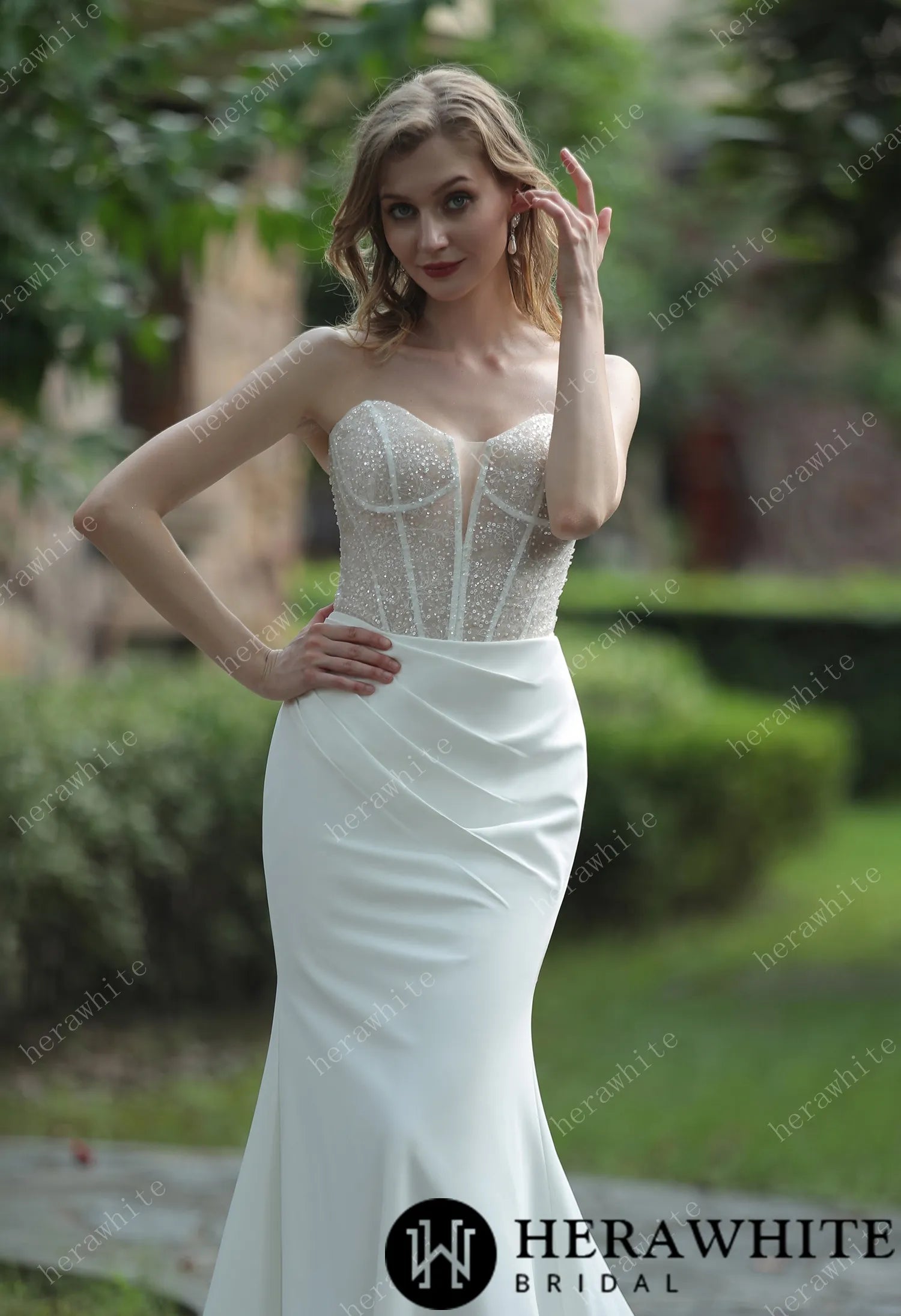 Plunging V-neck Beaded Crepe Fit And Flare Wedding Dress