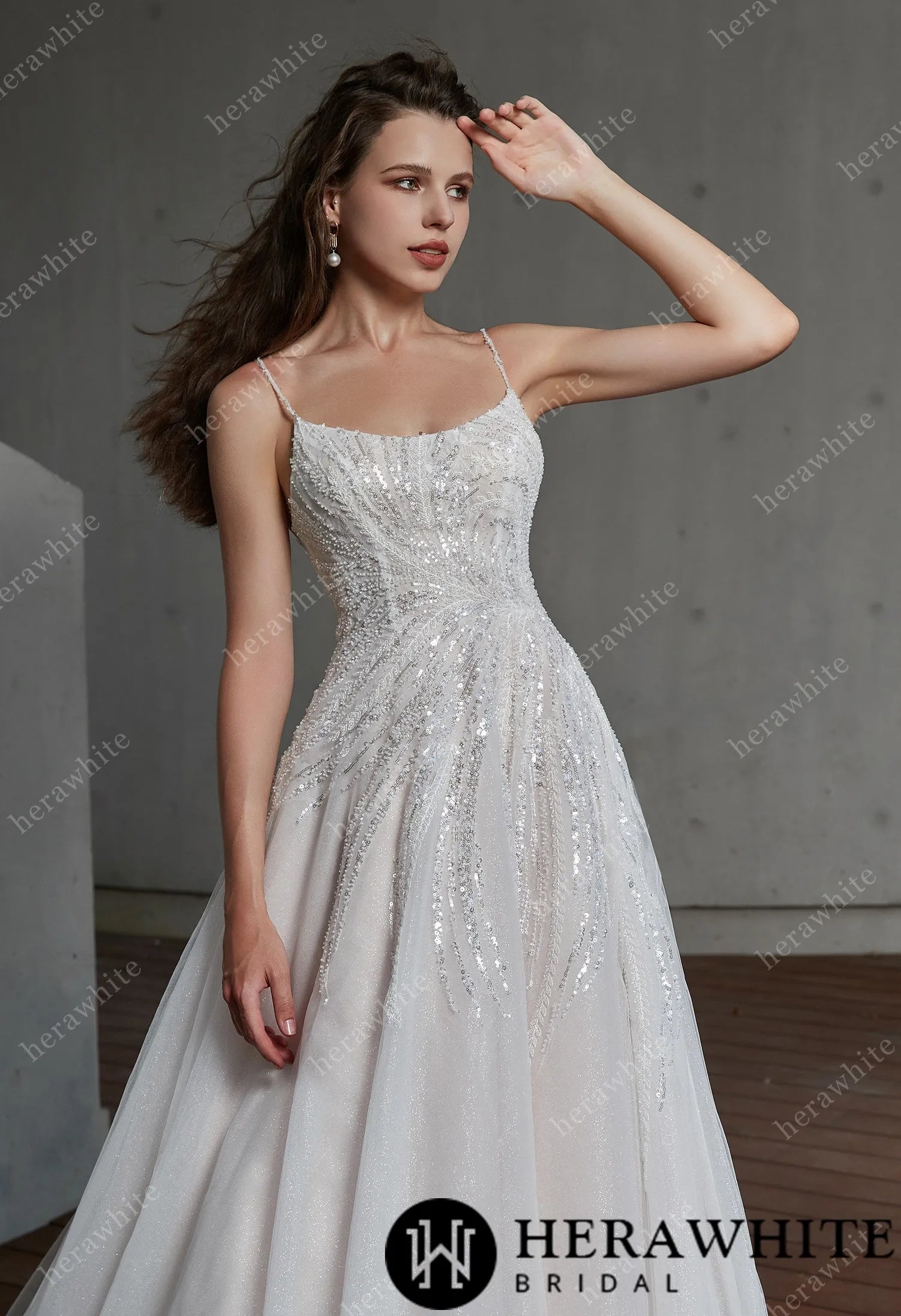 Sparkle Scoop Neckline Wedding Gown with Spaghetti Straps