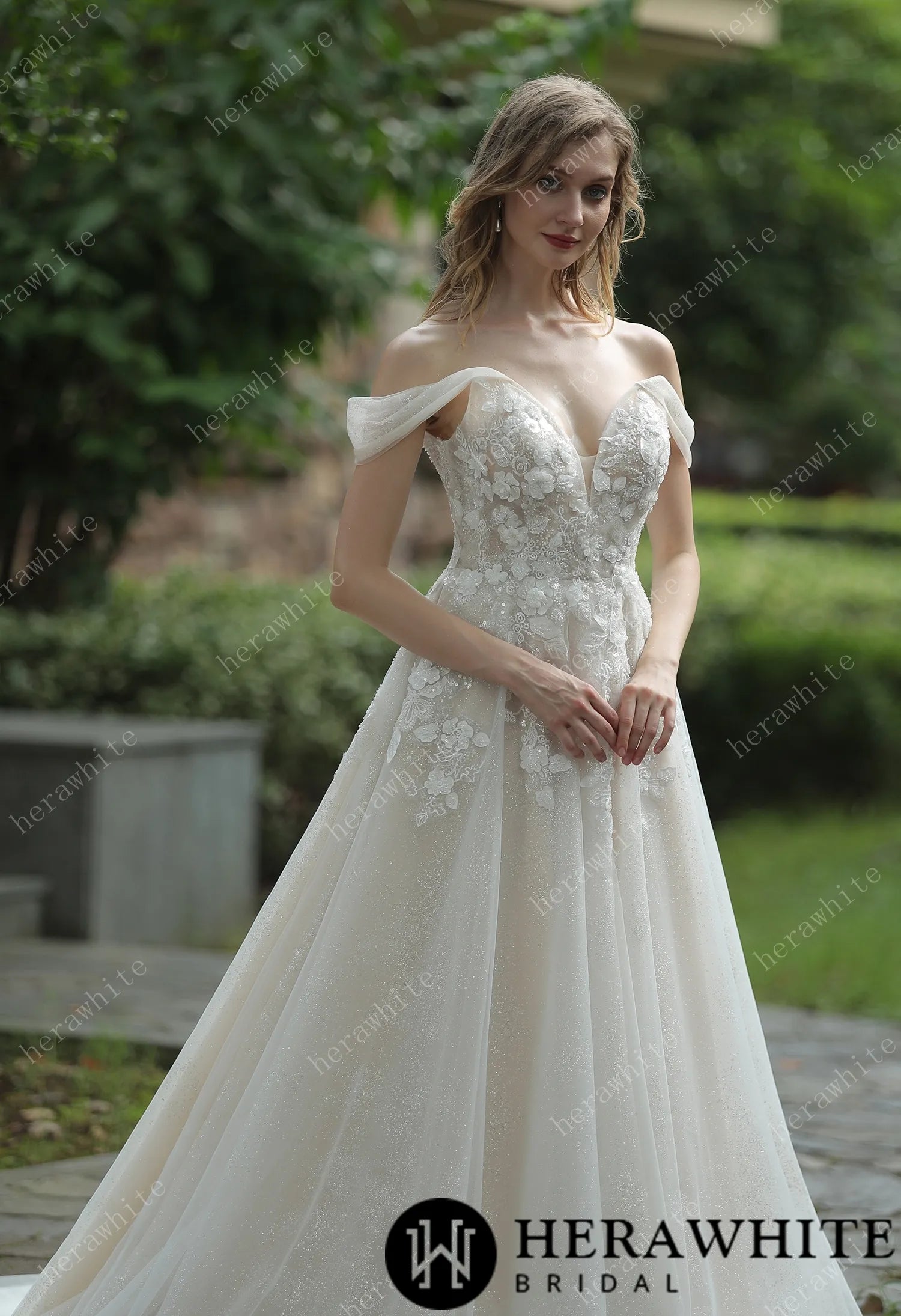 Elegant Floral 3D Lace Wedding Dress With Off-Shoulder Straps