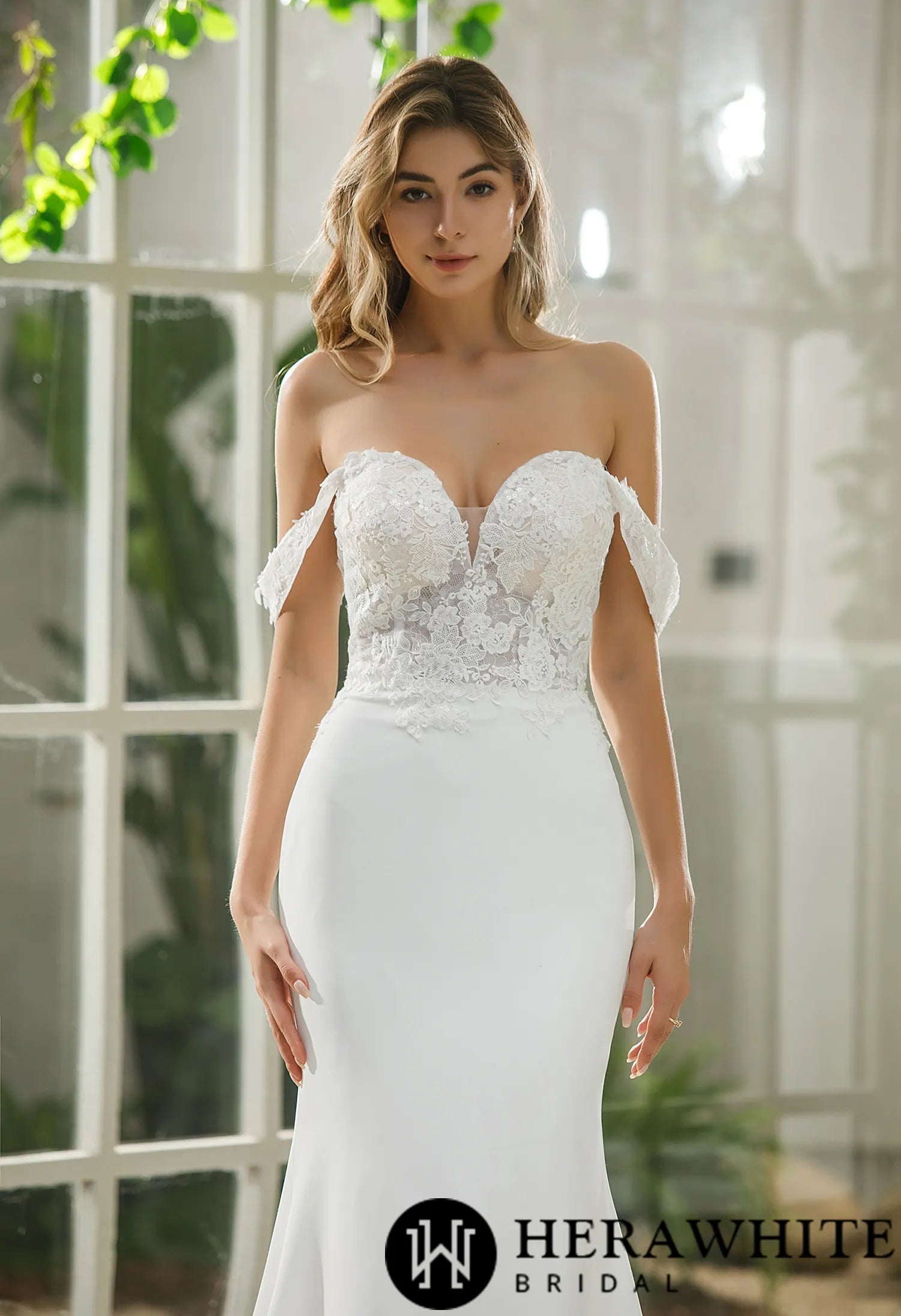 Fit And Flare Crepe Bridal Gown With Off-shoulder Straps