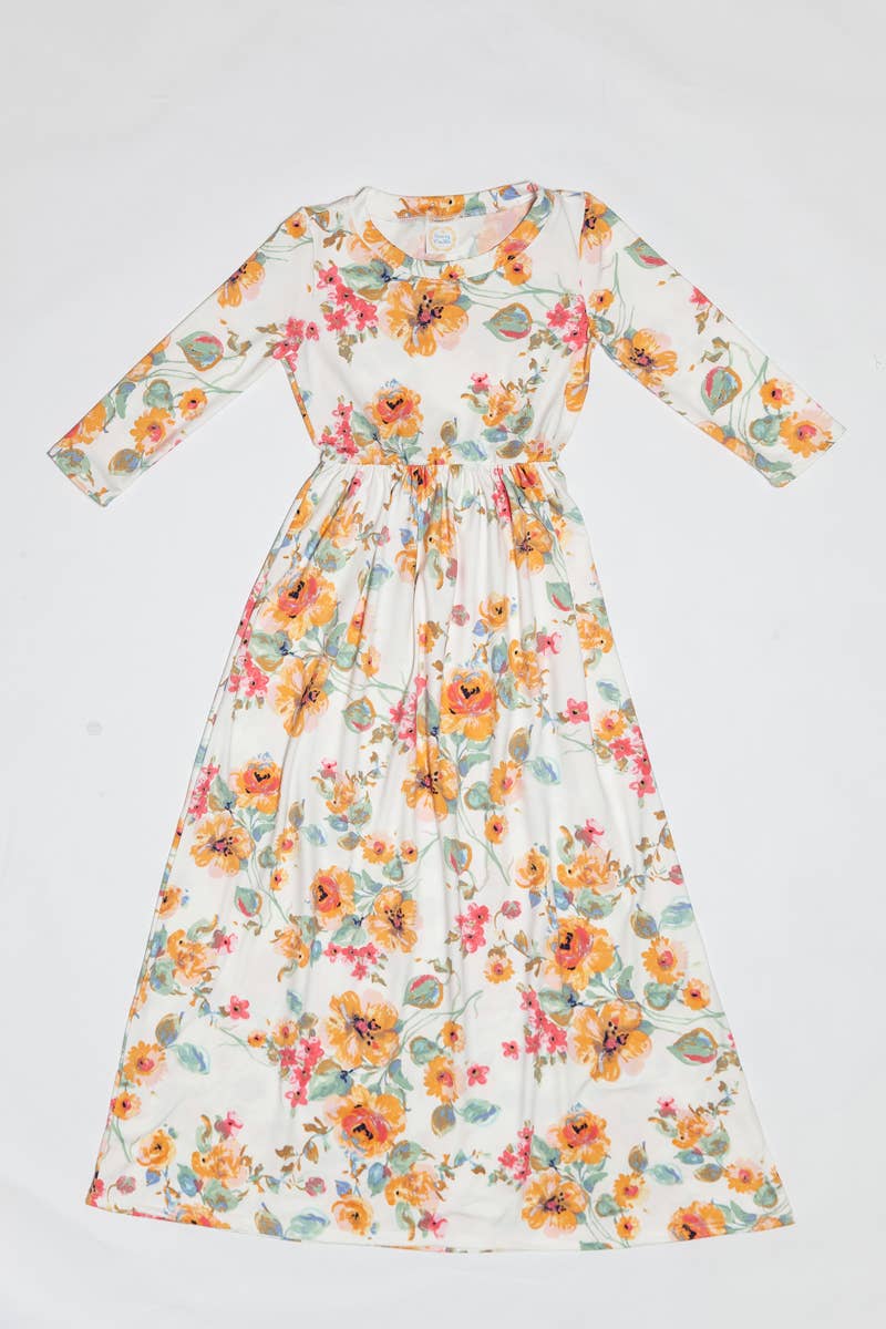 Girls Fit and Flare Floral Maxi Dress: FLORAL ORANGE / L