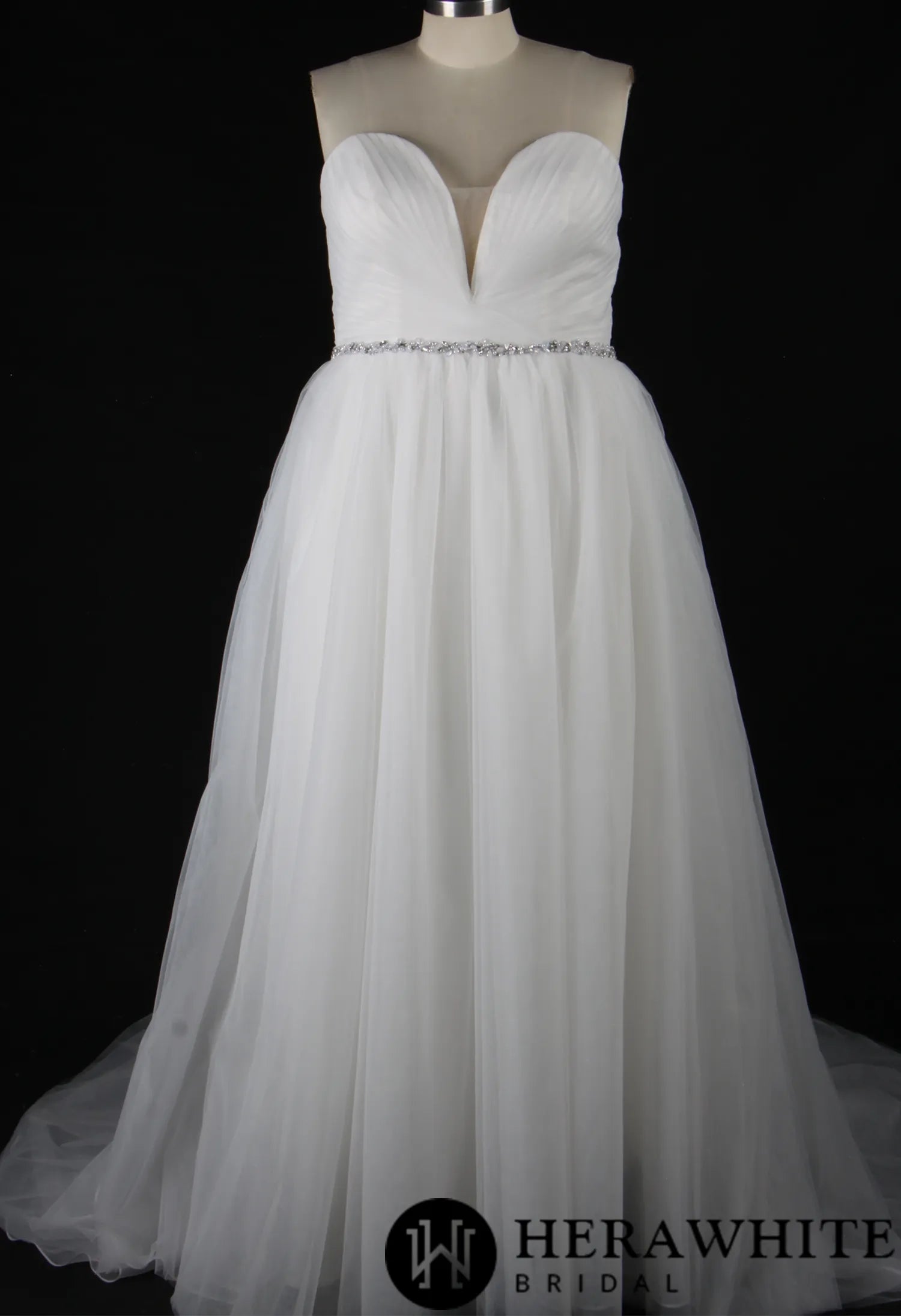 Deep V-Neck Pleated Bodice Tulle A-Line Wedding Dress