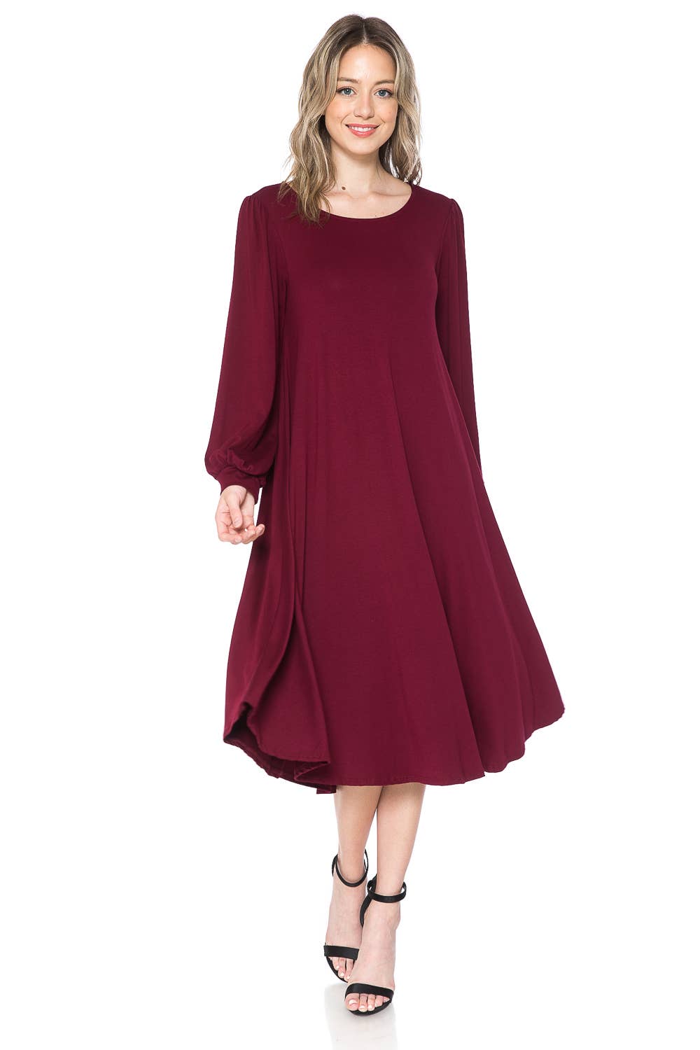 Bishop Sleeve Midi Dress: EGGPLANT / L