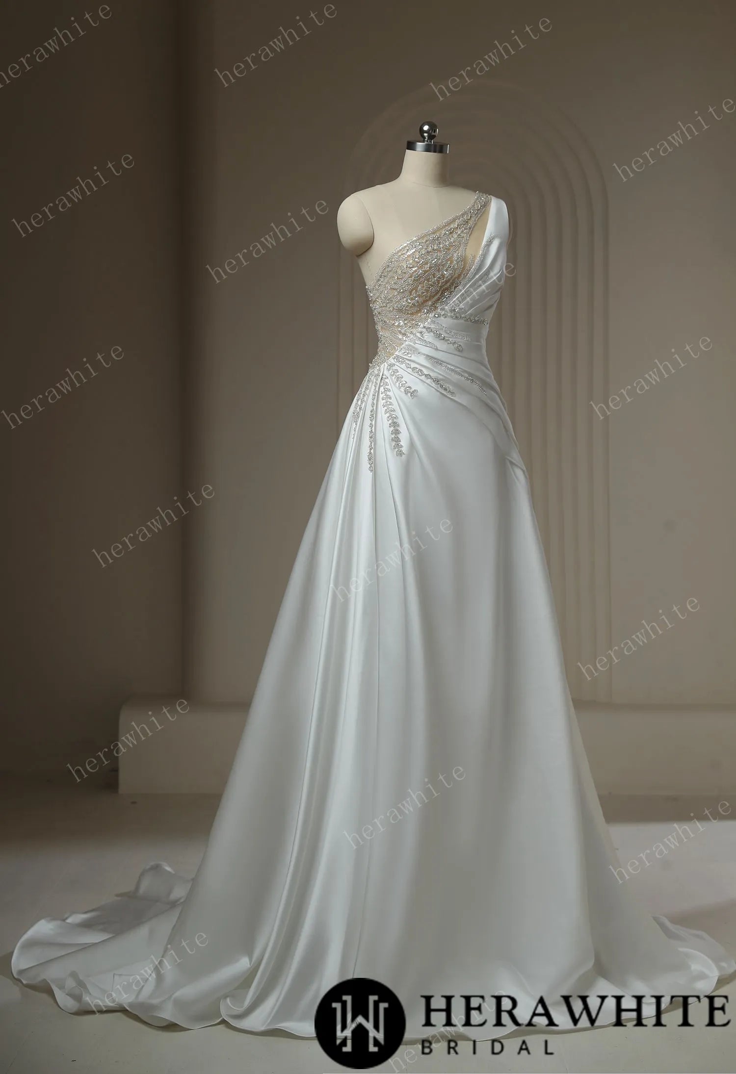 Beaded Rhinestone With Draped Illusion Back Wedding Dress