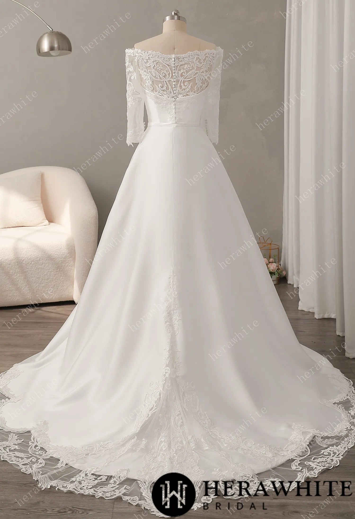Off-the-shoulder Neckline Wedding Dress with Lace Back