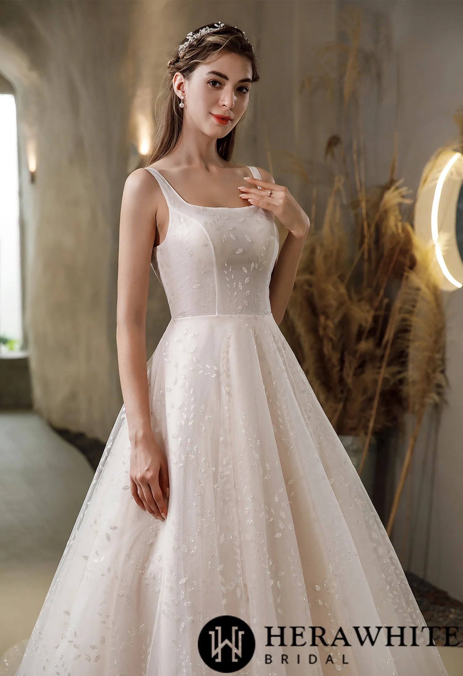 Pink Nude Princess Wedding Dress With Square Neckline