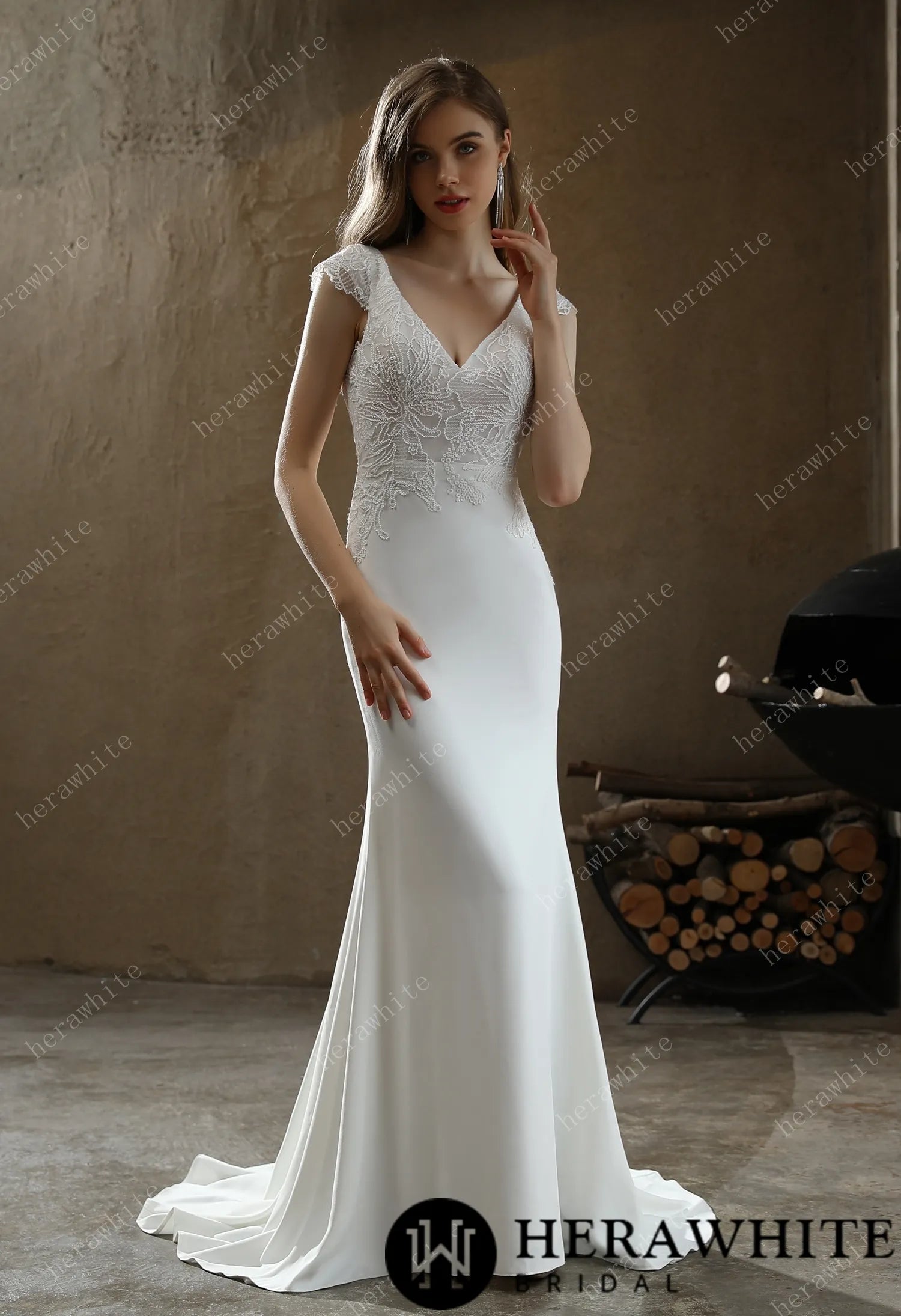Crepe Sheath Wedding Dress with Lace Cap Sleeves