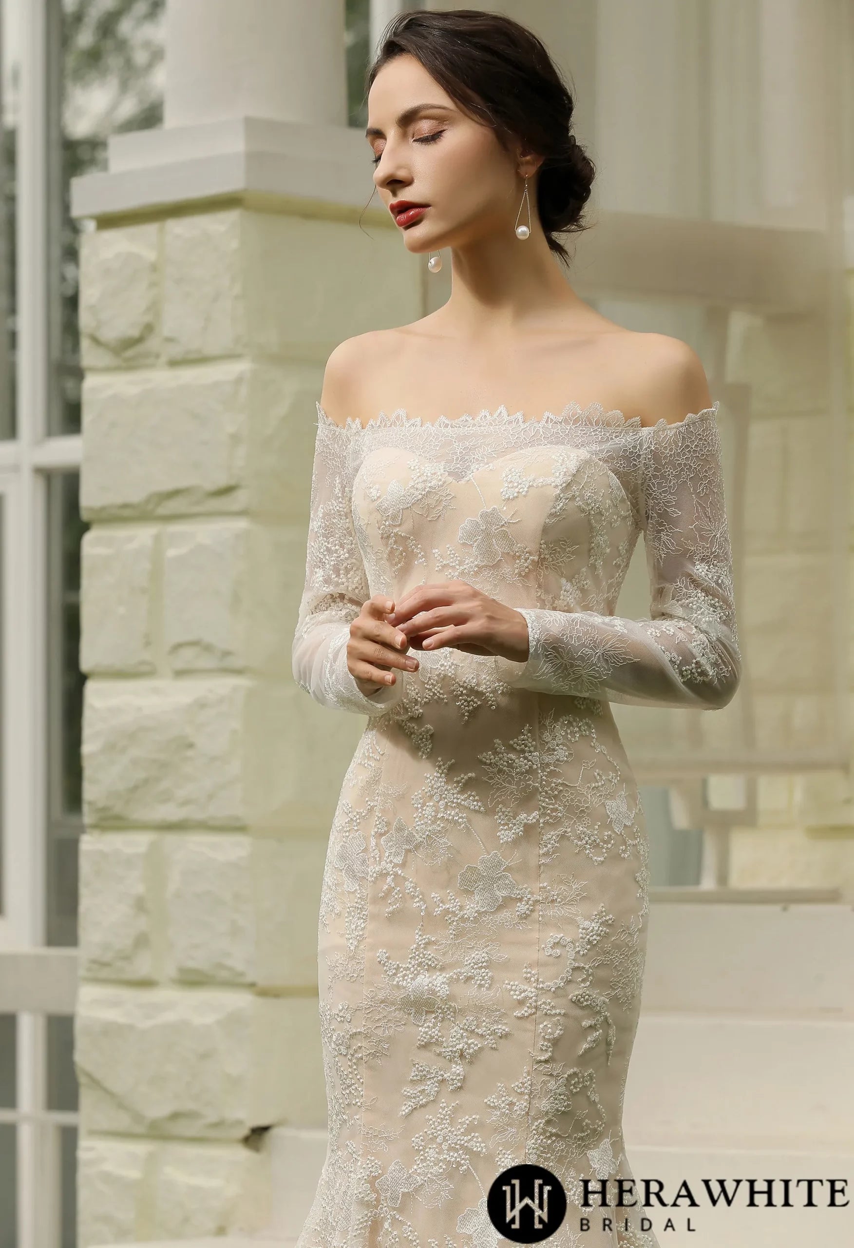 Off-the-Shoulder Sheath Wedding Dress with Luxury Illusion lace