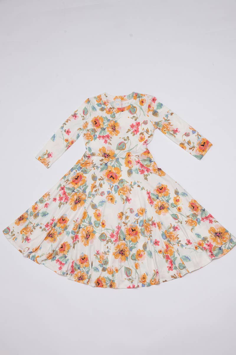 Girl's Princess Seam A-Line Dress with Full Skirt: MUSTARD FLORAL / S (5/6Y)