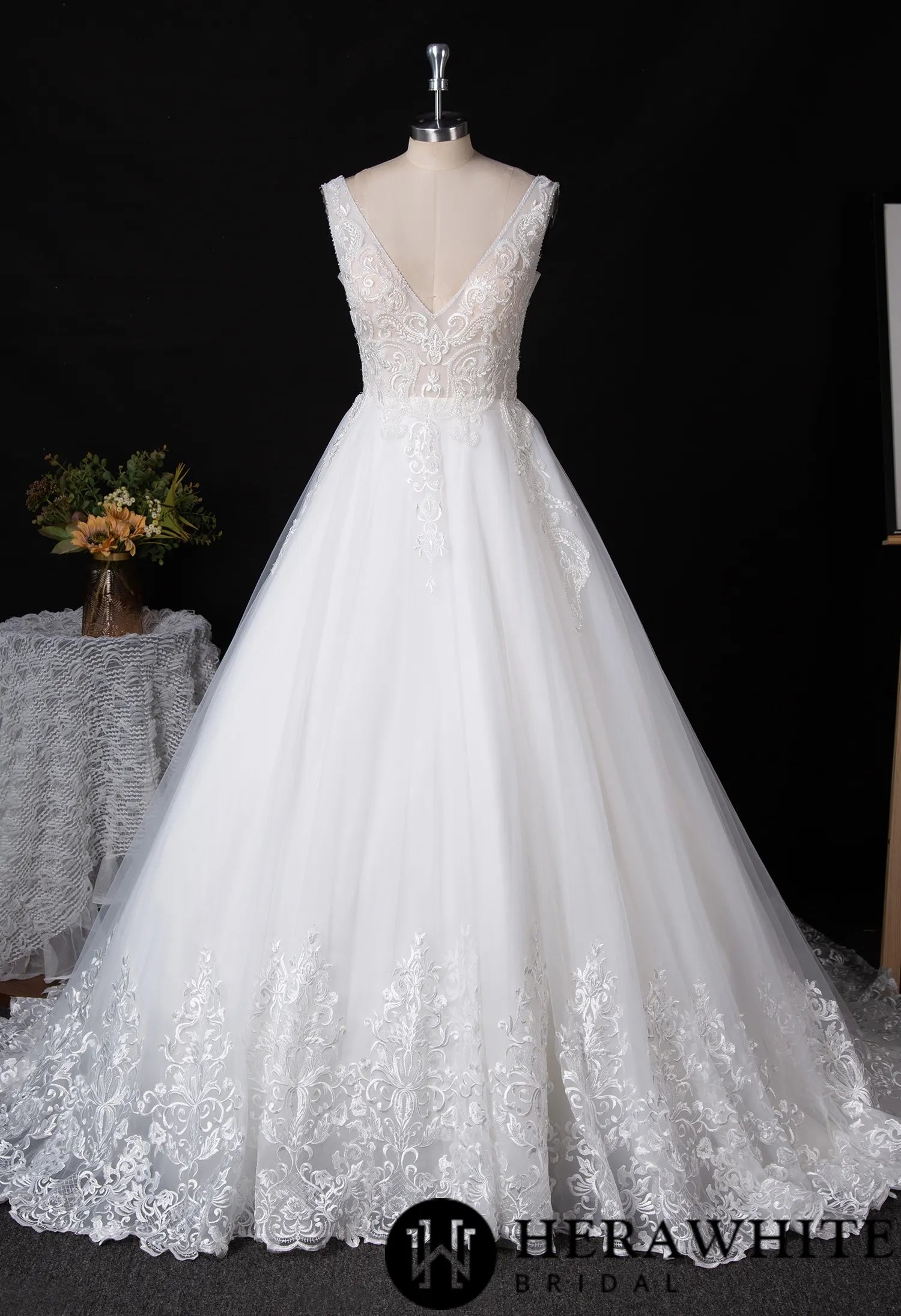 Plunging V-neckline Wedding Dress With Long Train