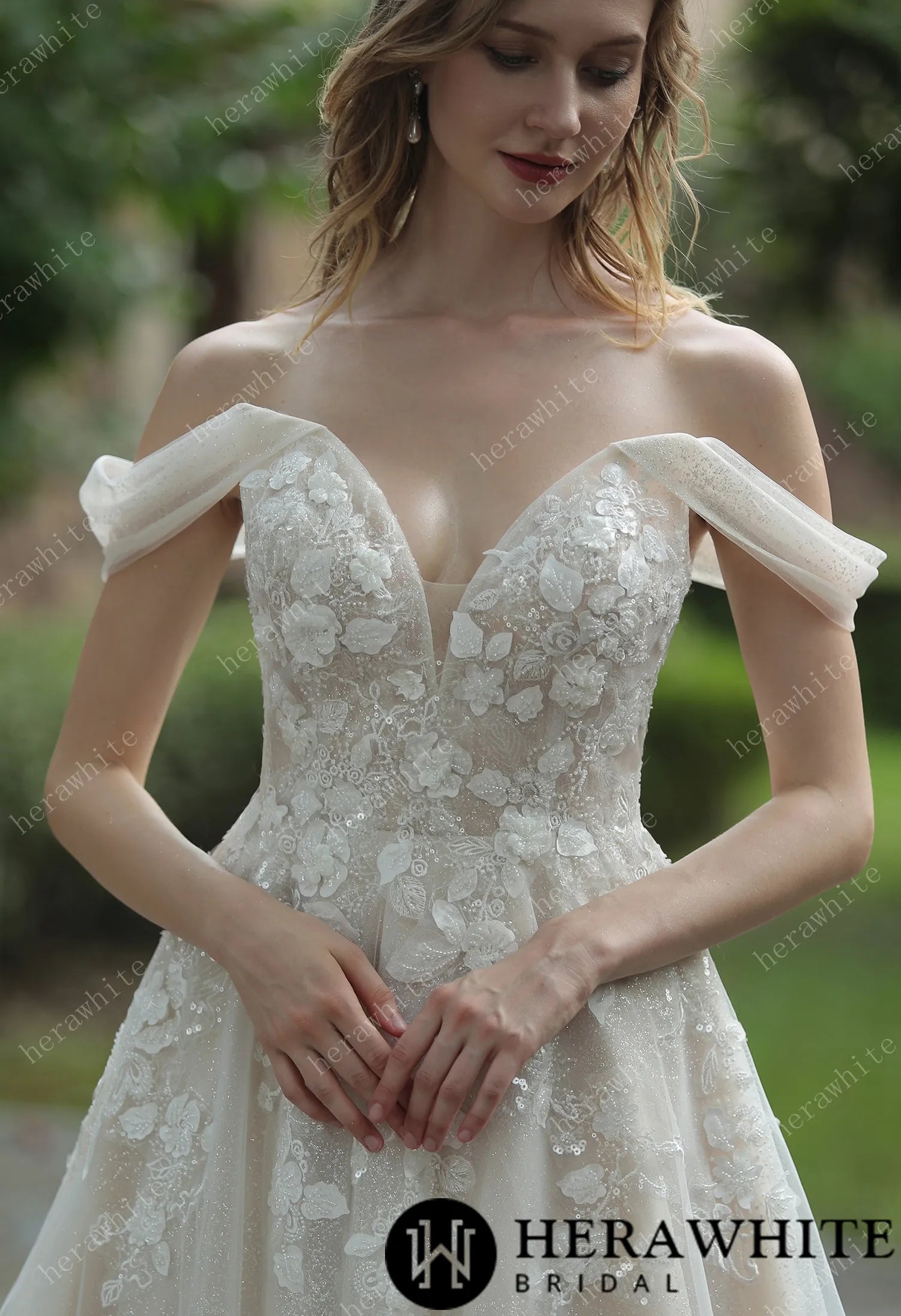 Elegant Floral 3D Lace Wedding Dress With Off-Shoulder Straps