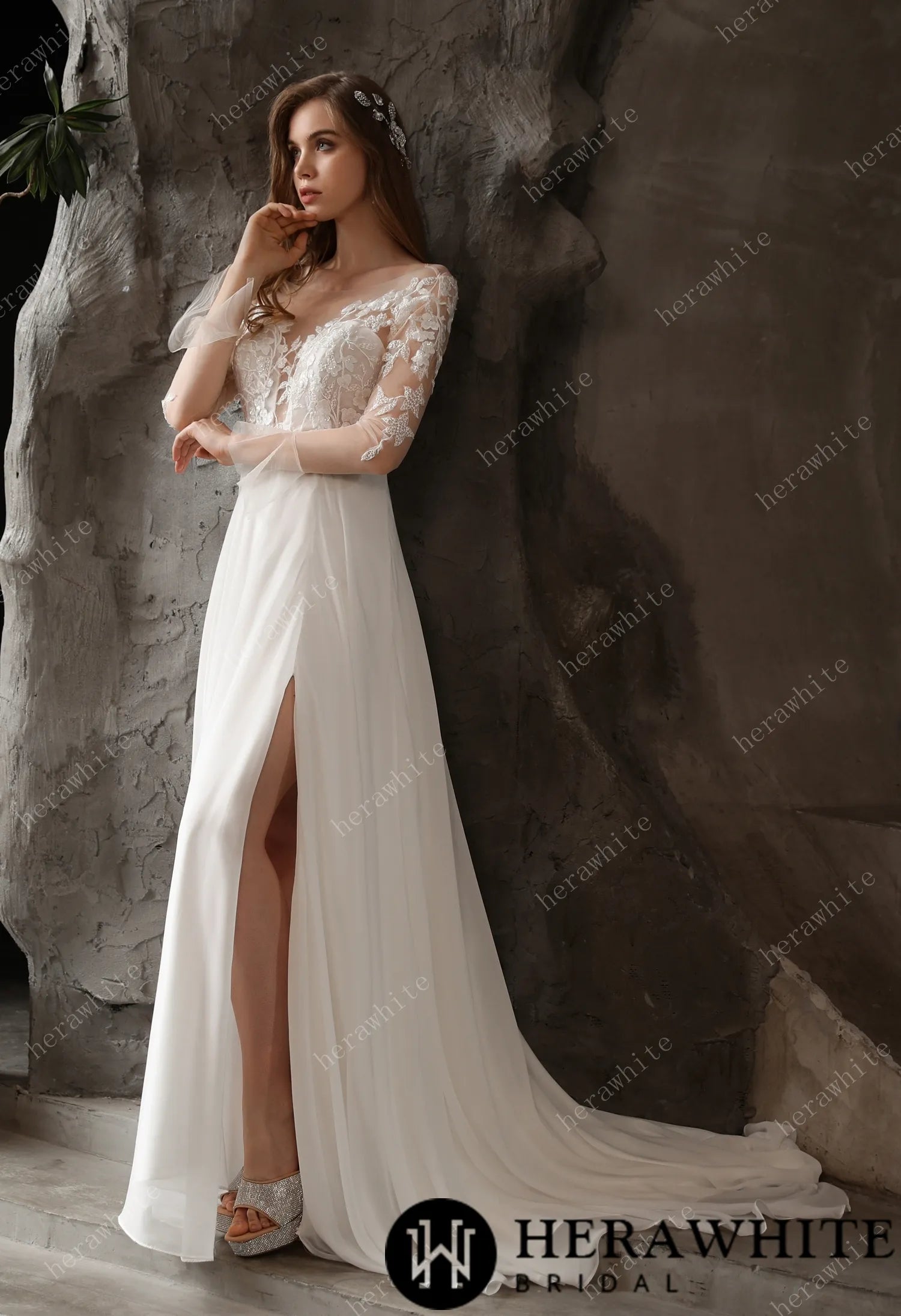 Chiffon Illusion Lace Bridal Dress with Dreamy A-line Skirt