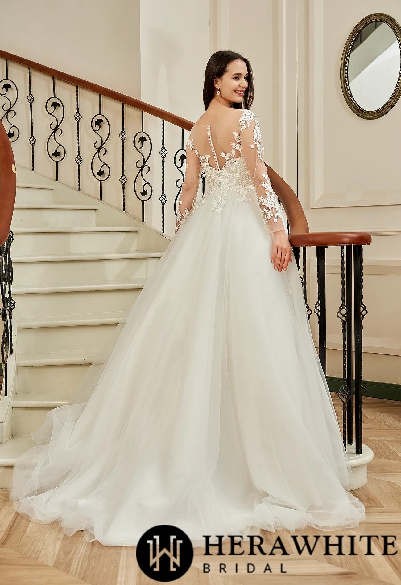 Illusion Long Sleeve Chapel Train Lace Wedding Dress