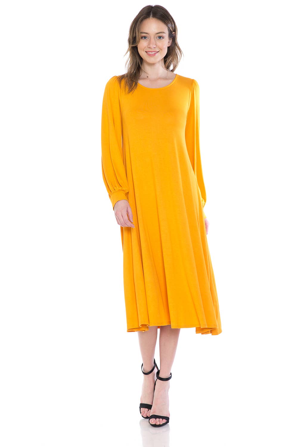 Bishop Sleeve Midi Dress: EGGPLANT / L