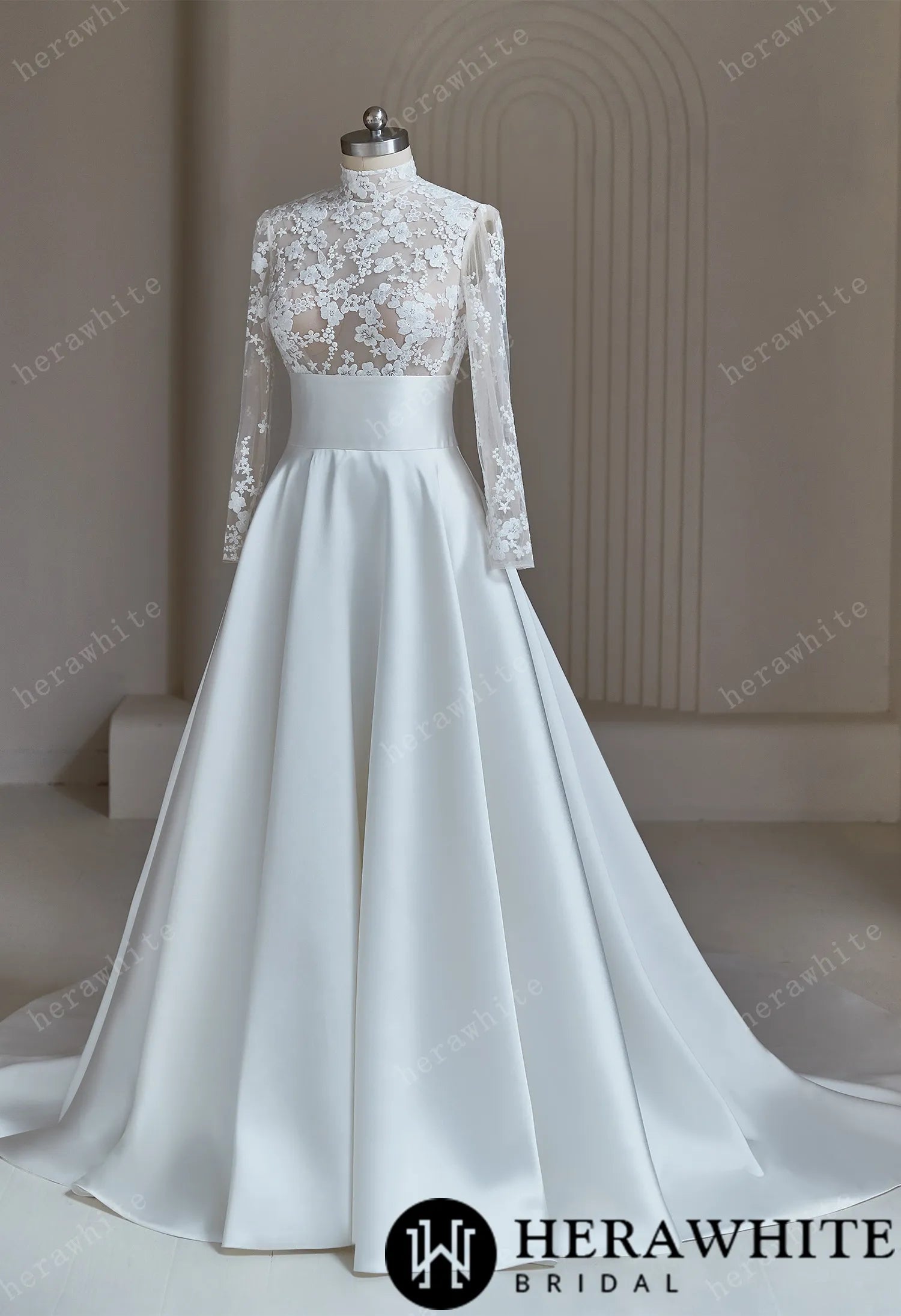 High-neck Modest Ivory Lace Satin Wedding Dress