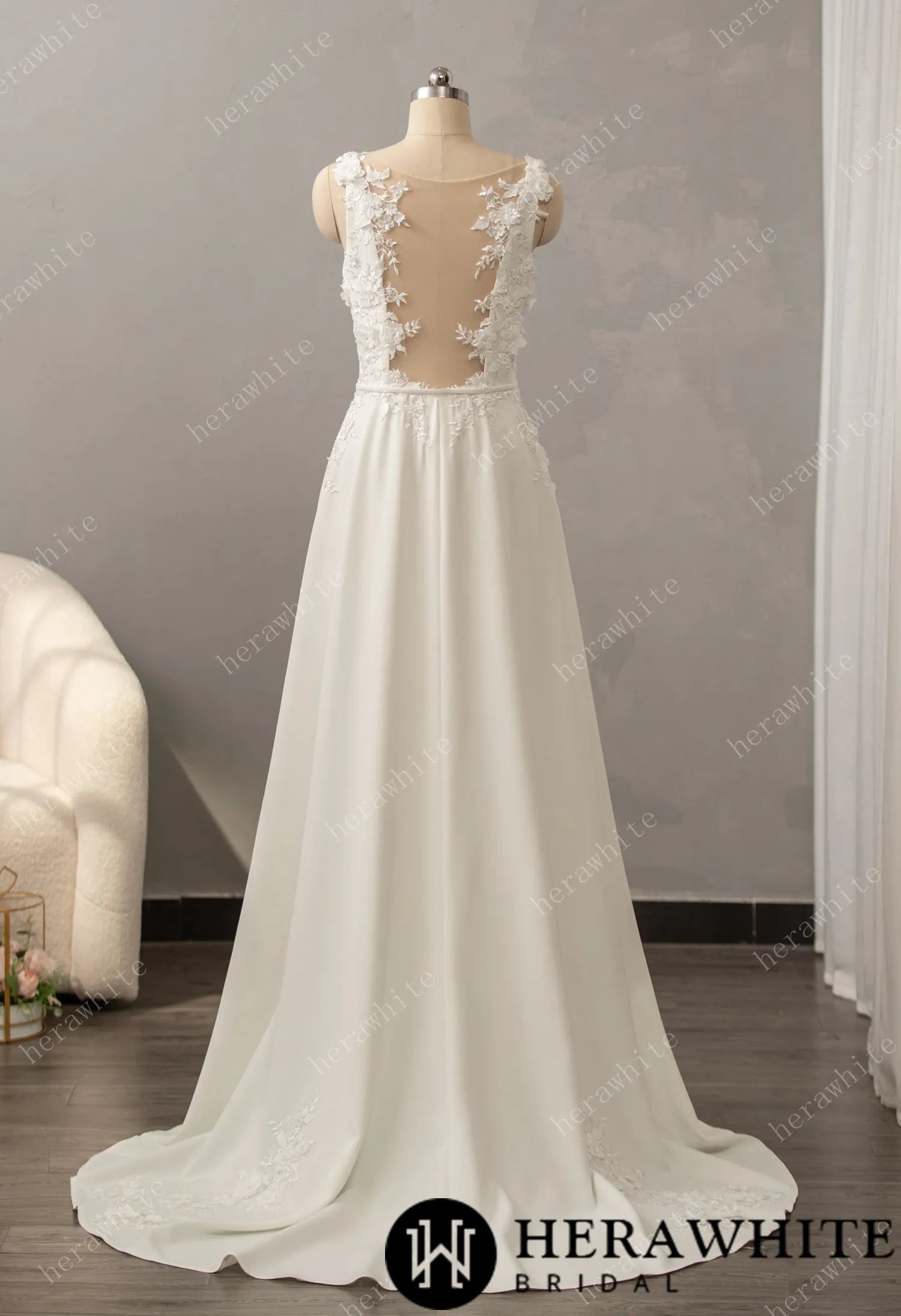 Square Neck Stretch Crepe A-line Gown with Illusion Back