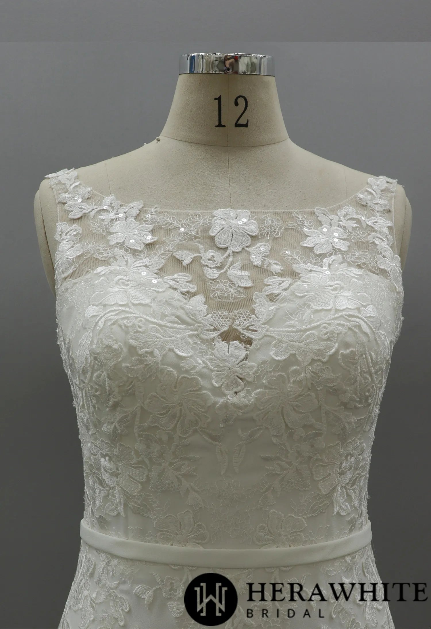 Illusion Hign Neckline Wedding Dress with Crepe Skirt