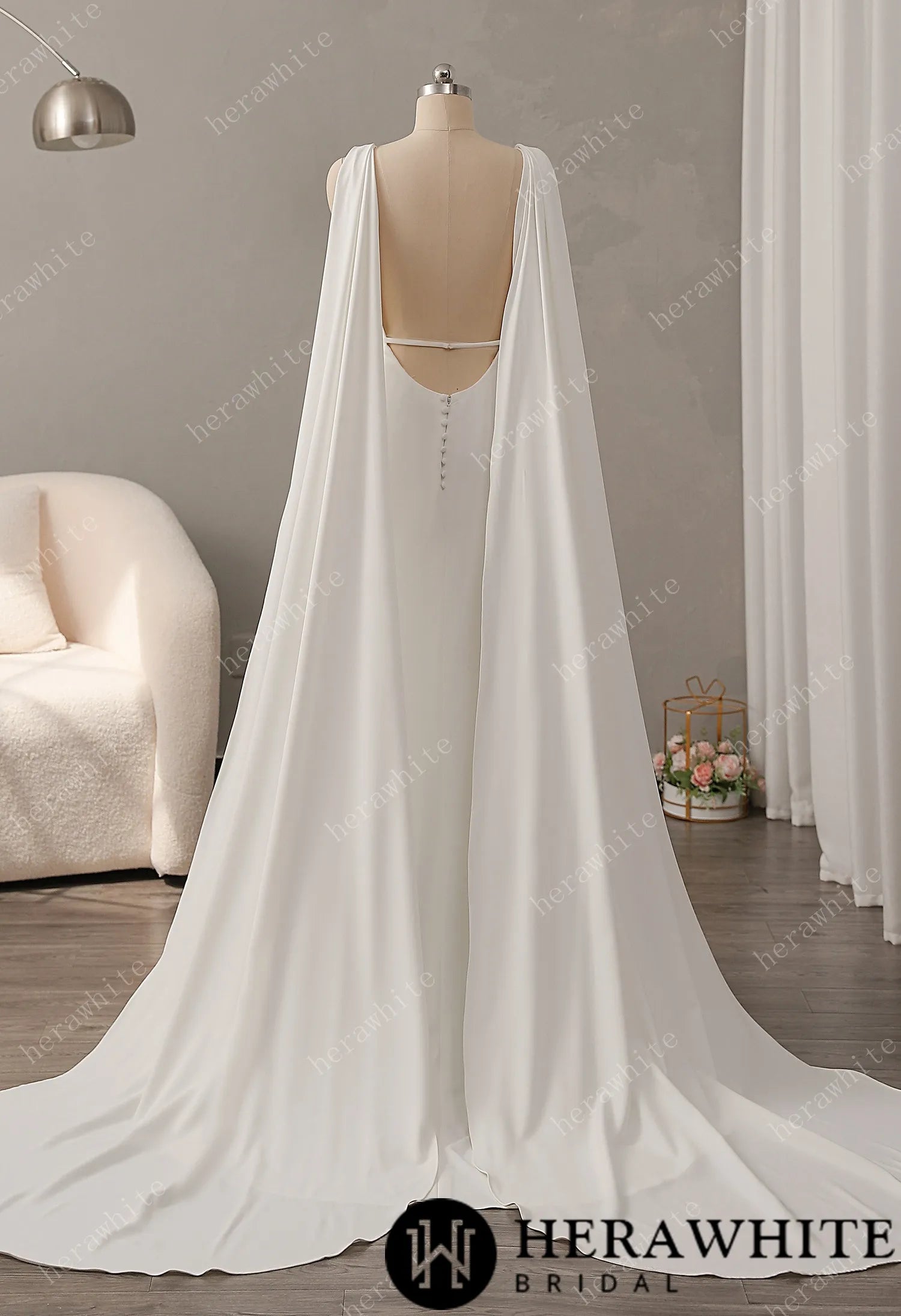 Deep V-neckline Crepe Wedding Dress with Detachable Cape