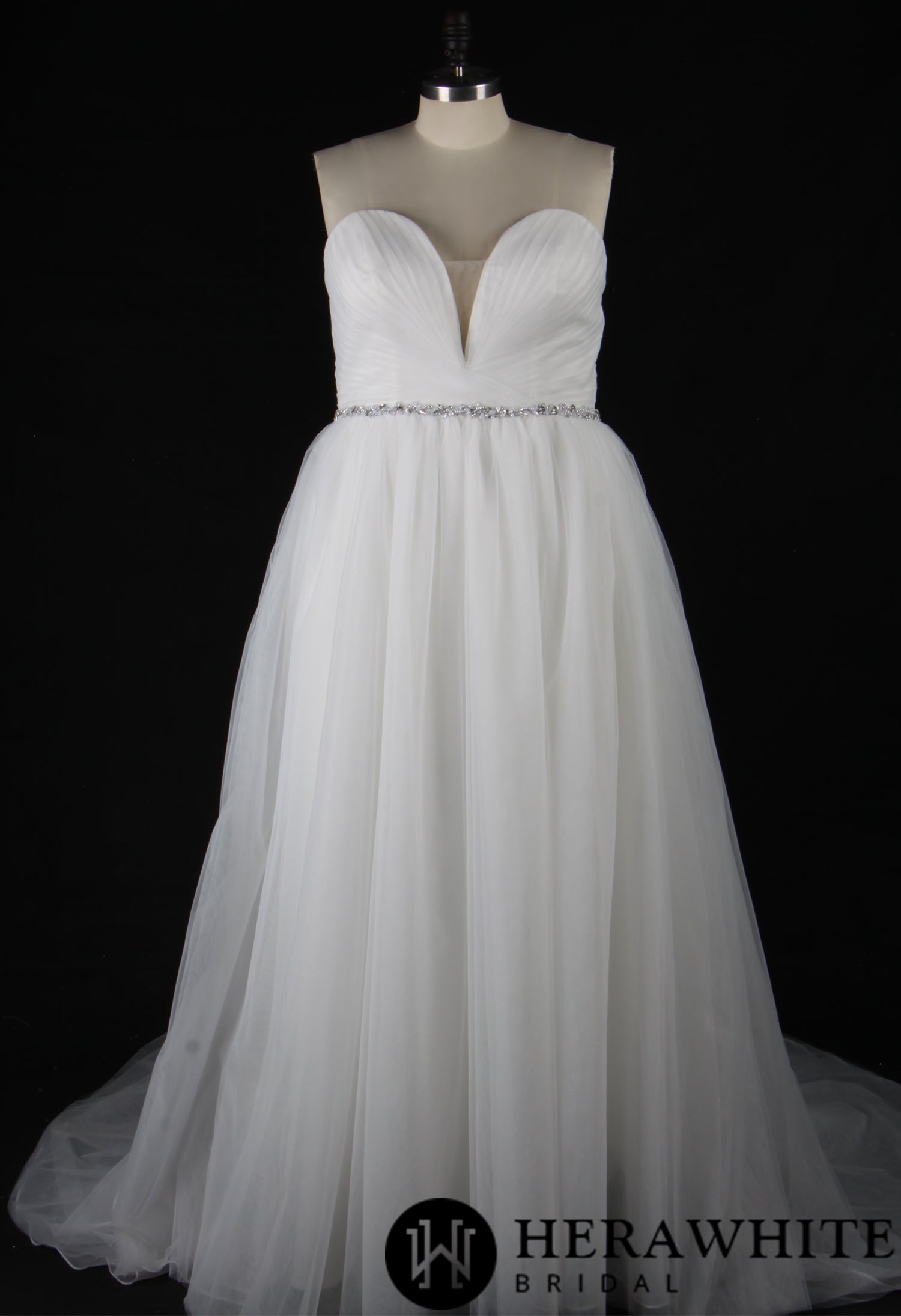 Deep V-Neck Pleated Bodice Tulle A-Line Wedding Dress