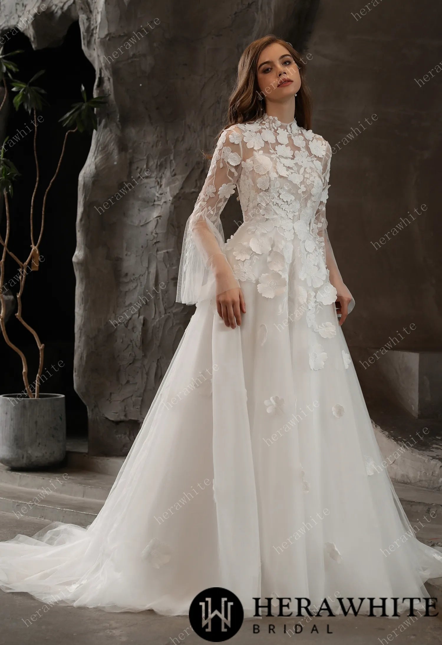 Illusion High Neck Bridal Gown with Lovely 3D Floral Lace