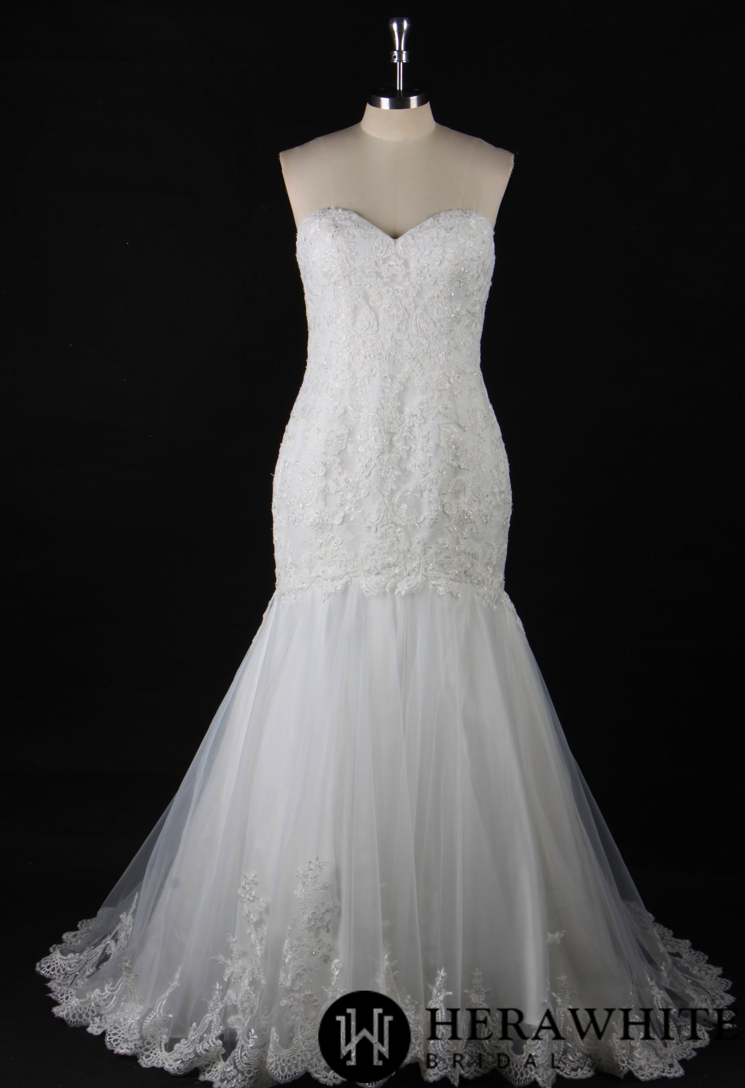 Strapless Embroidered Lace Fit and Flare Wedding Gown