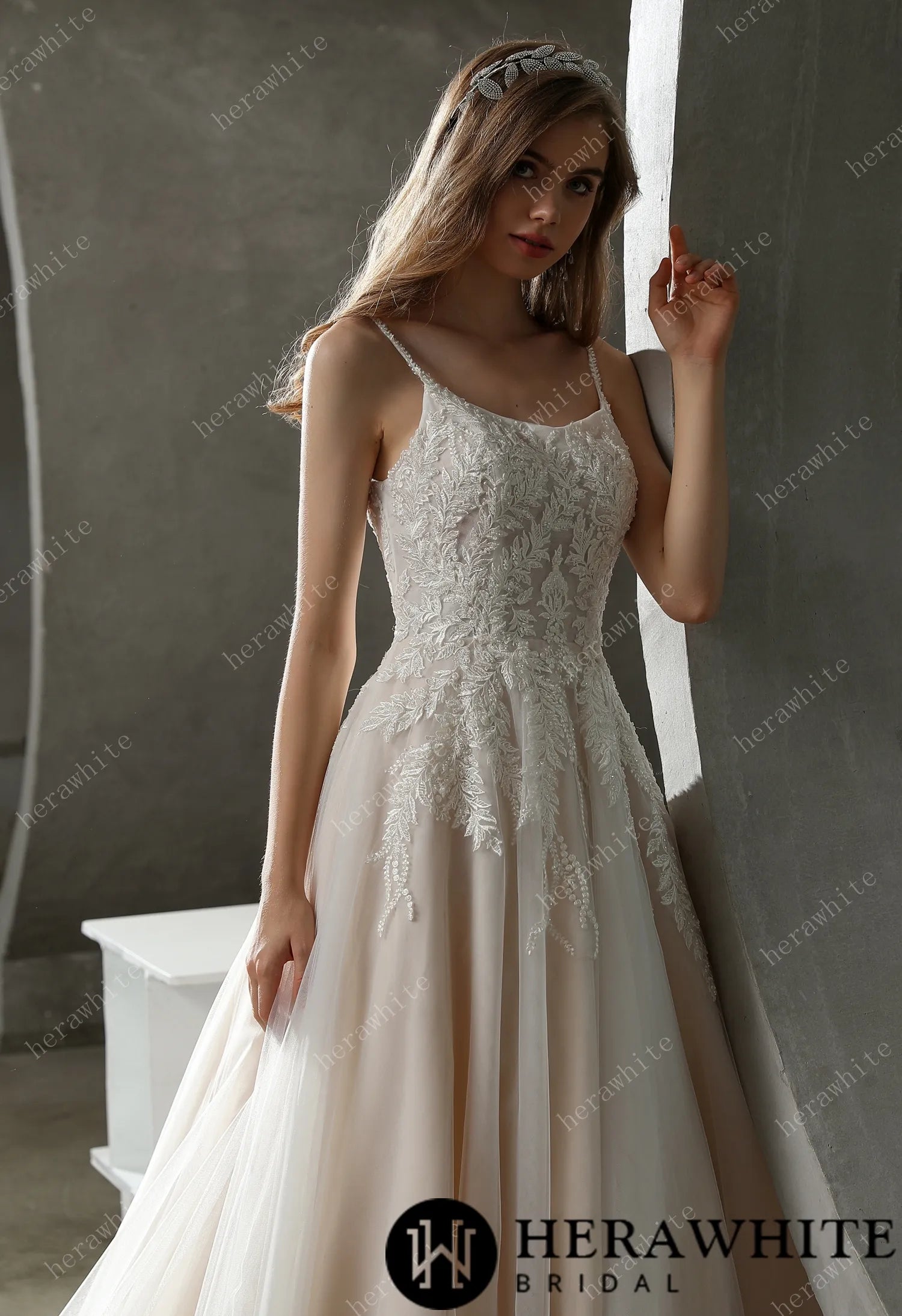 Beaded Lace A-line Wedding Gown with Scoop Neckline