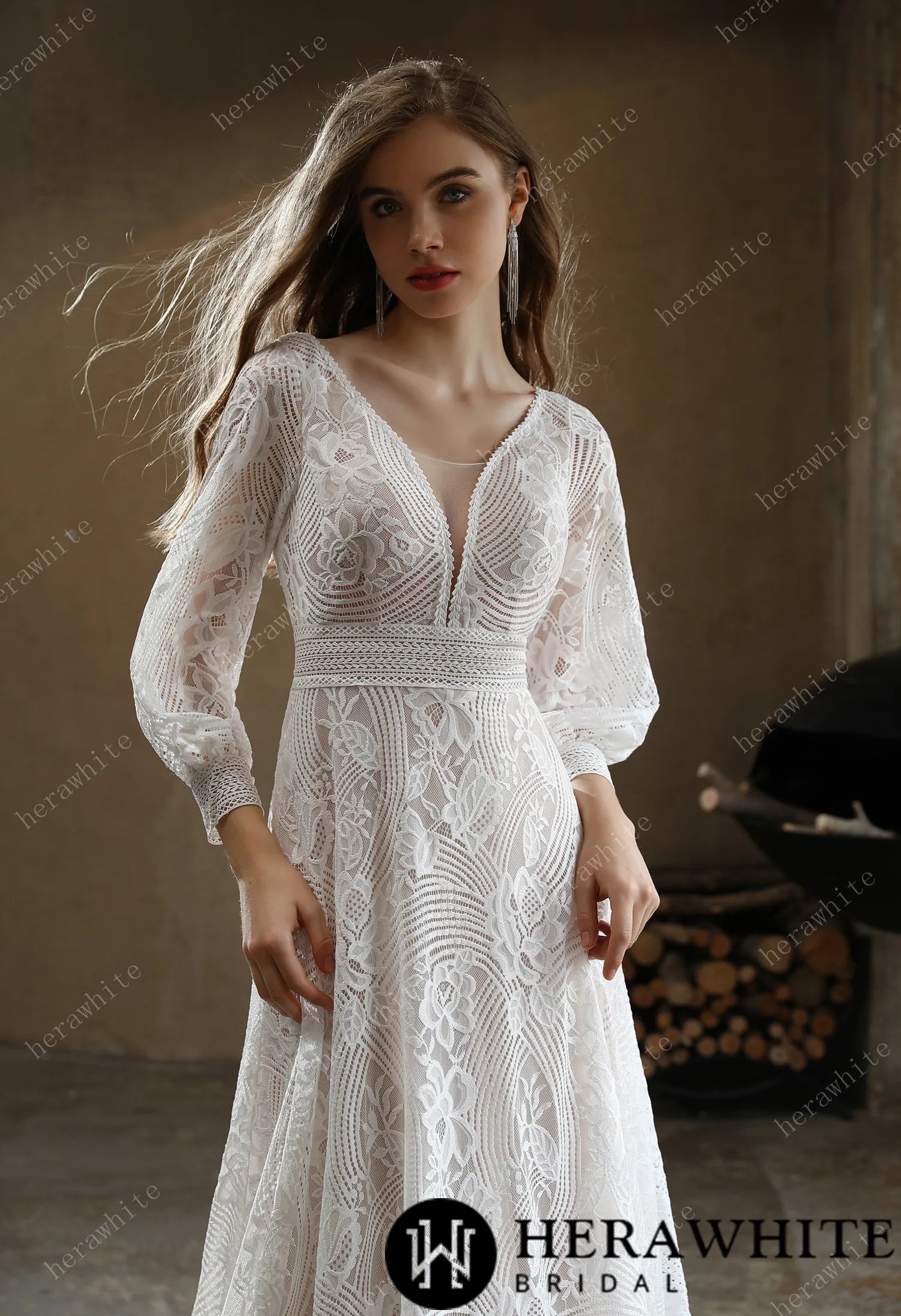 Unique Plunging V-neck Lace Bohemian wedding gown
