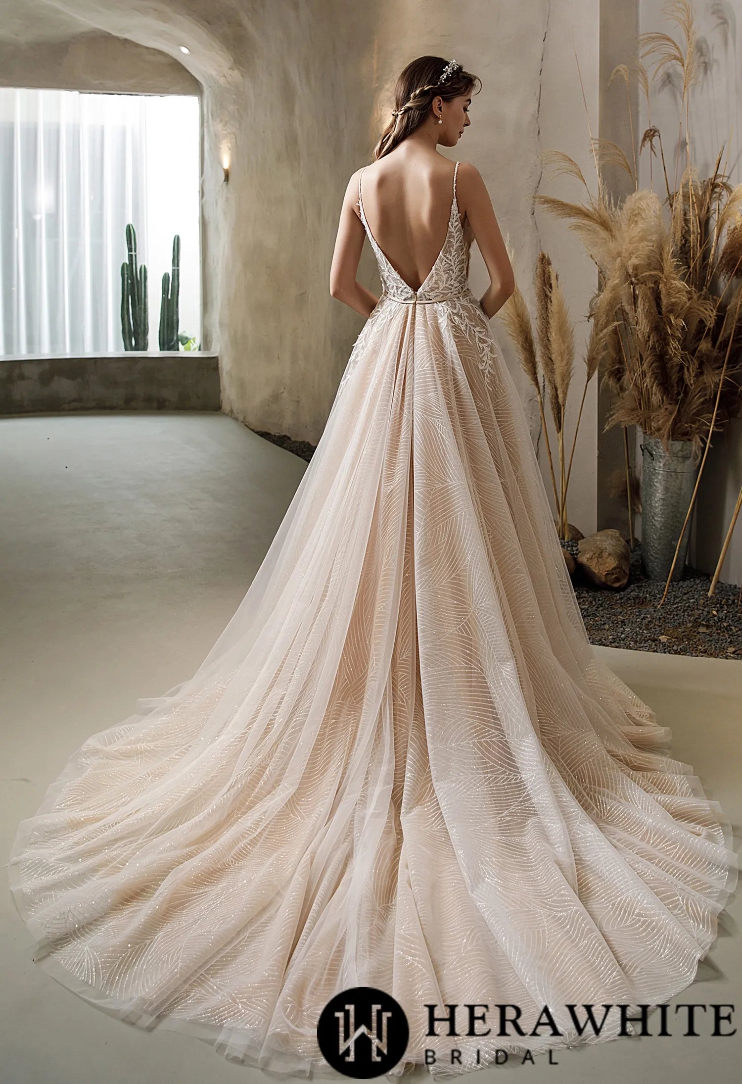 Shimmery Sequined Lace A-line Wedding Dress With Long Train
