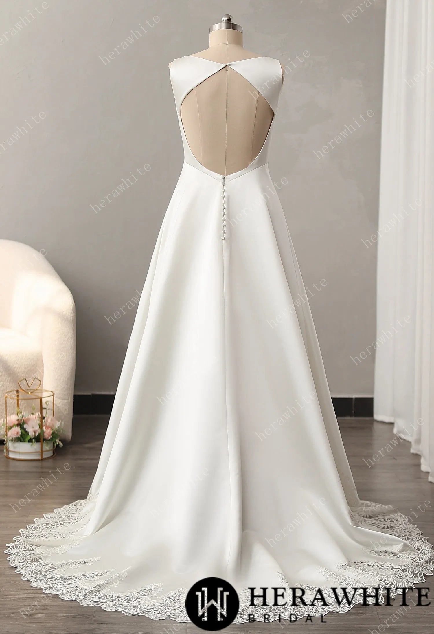 Bateau Neckline A-line Skirt with Cutout Train