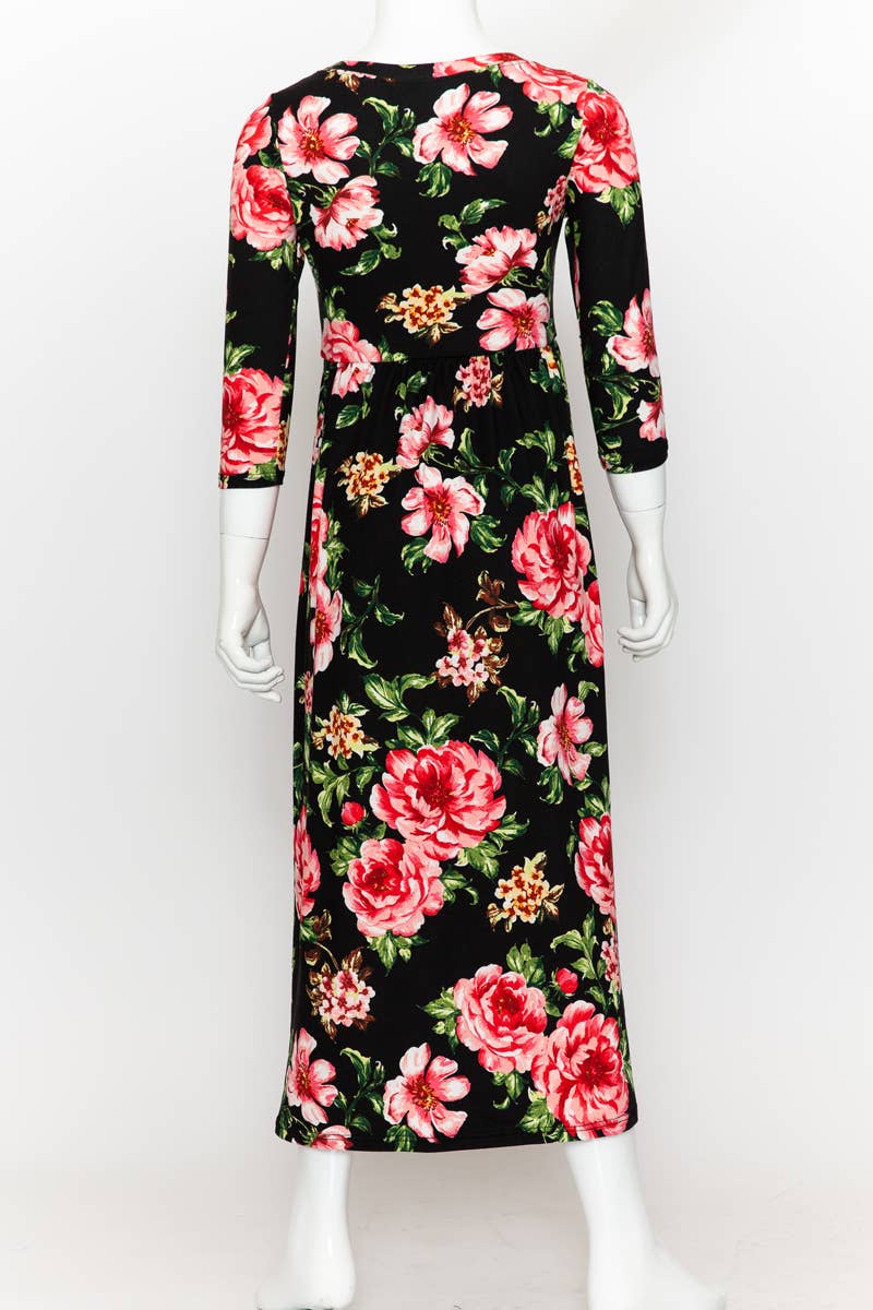 Girls Fit and Flare Floral Maxi Dress: FLORAL ORANGE / L