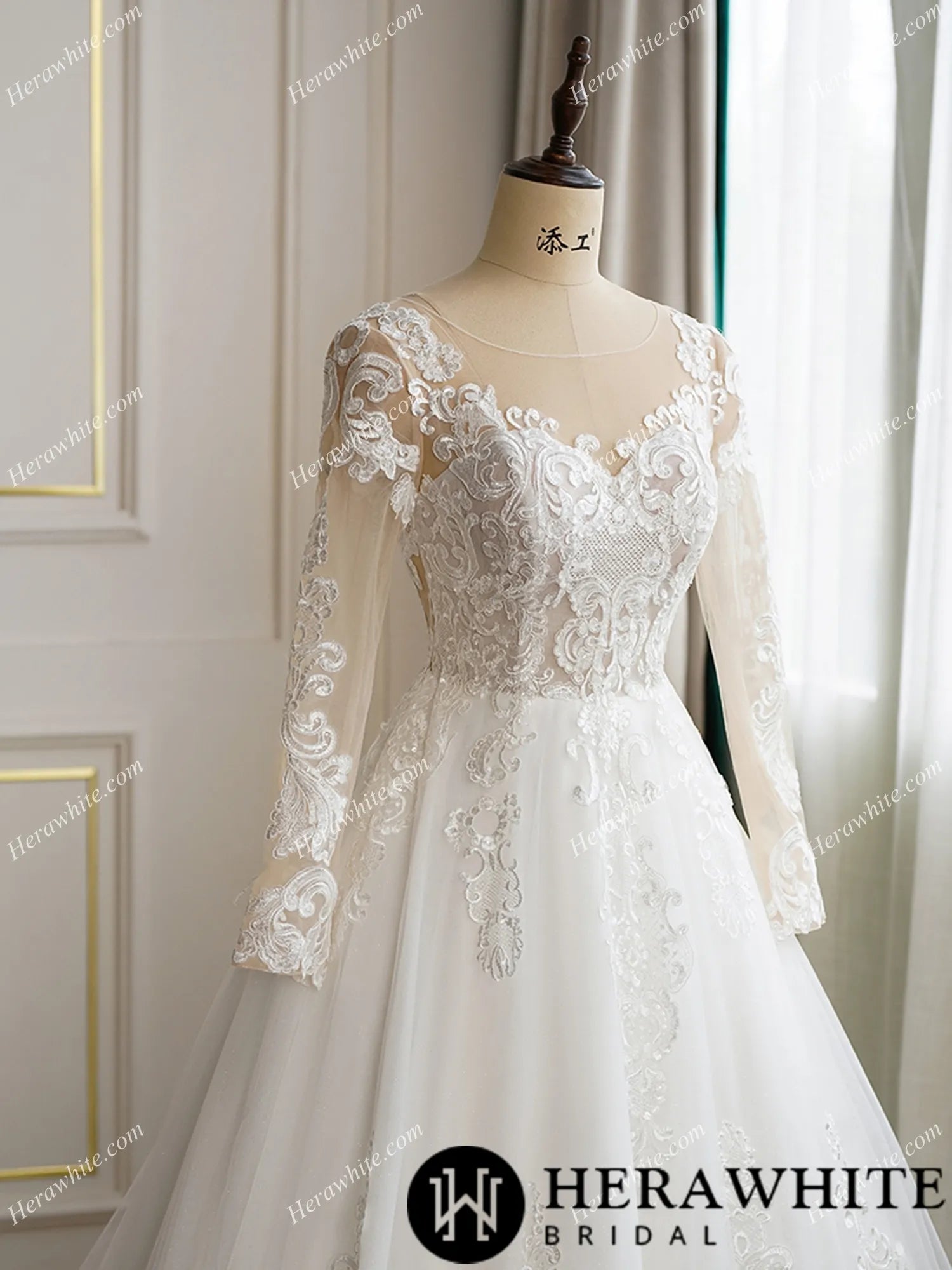 Illusion Neckline Long Sleeve Lace with Pearl Buttons Bridal Gown