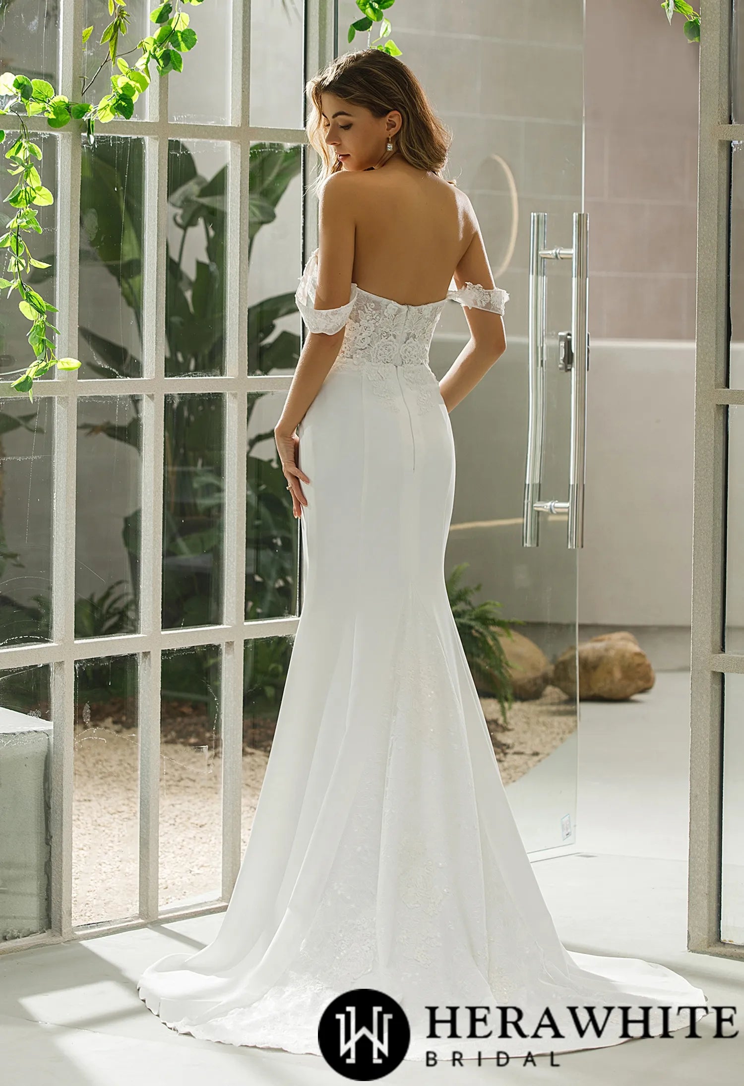 Fit And Flare Crepe Bridal Gown With Off-shoulder Straps